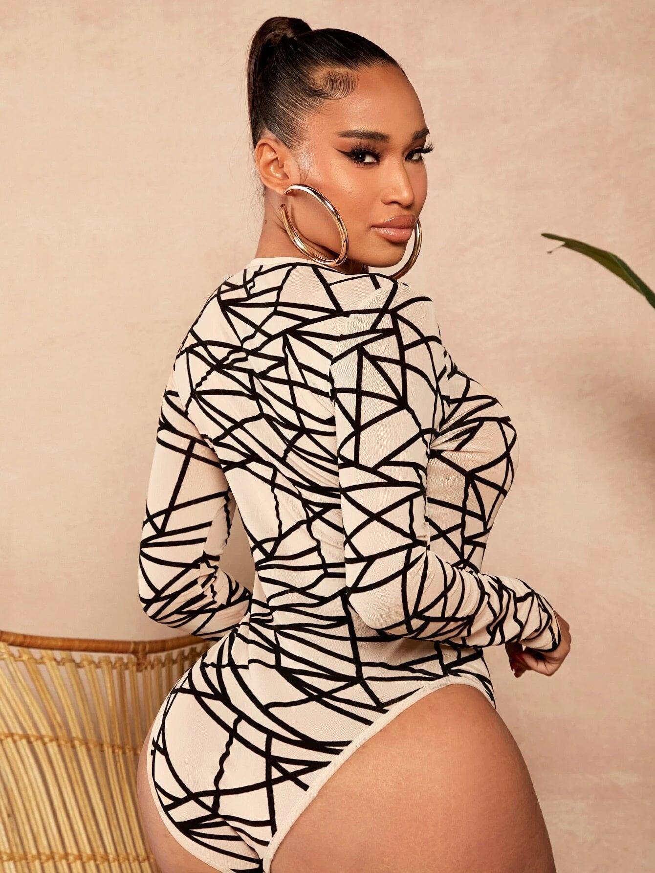 Geo Print Slim Fit Bodysuit-Comfy Jumpsuits