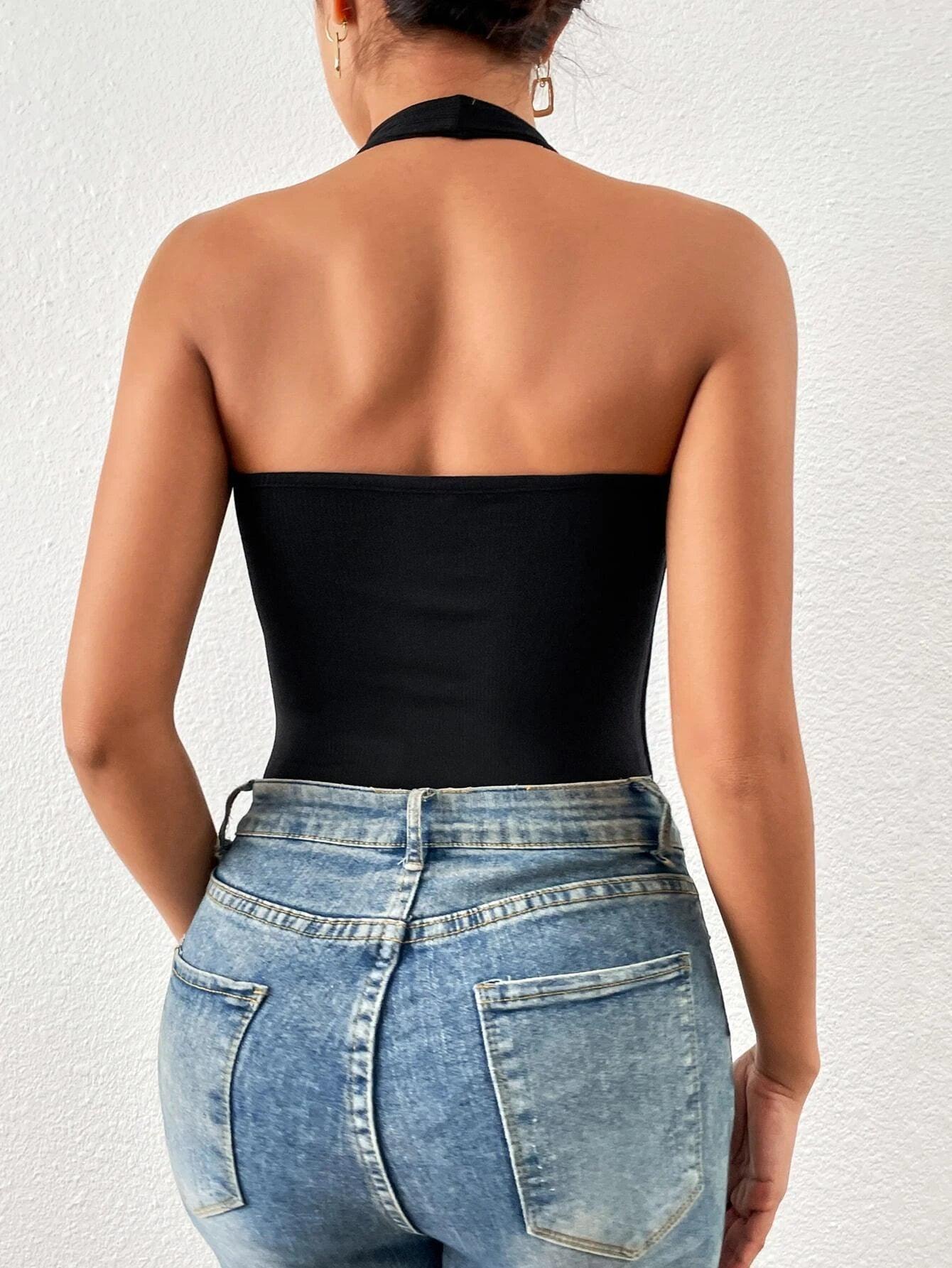 Solid Colored Backless Halter Neck Bodysuit-Comfy Jumpsuits