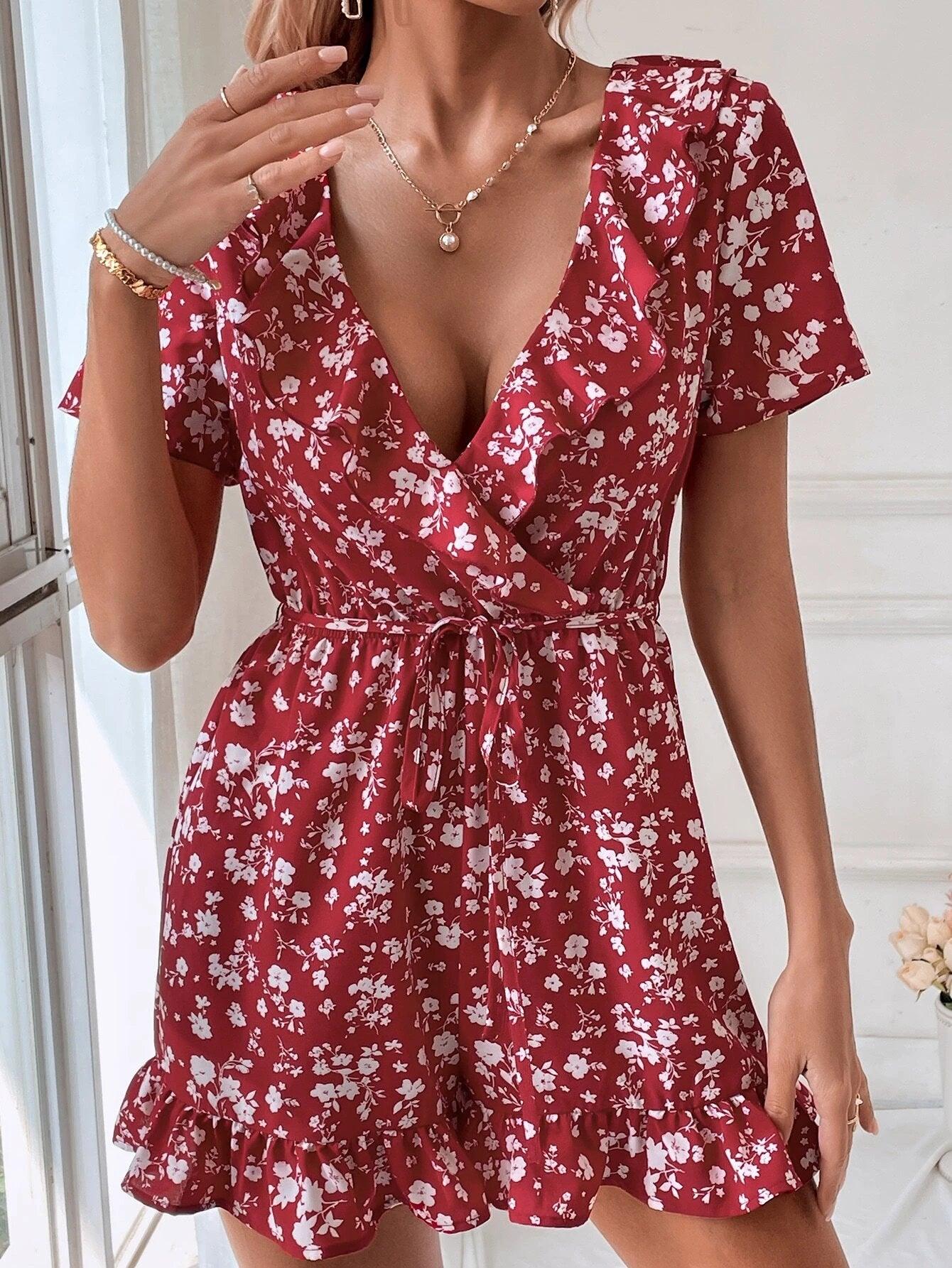 Floral Pattern Ruffle Romper-Comfy Jumpsuits
