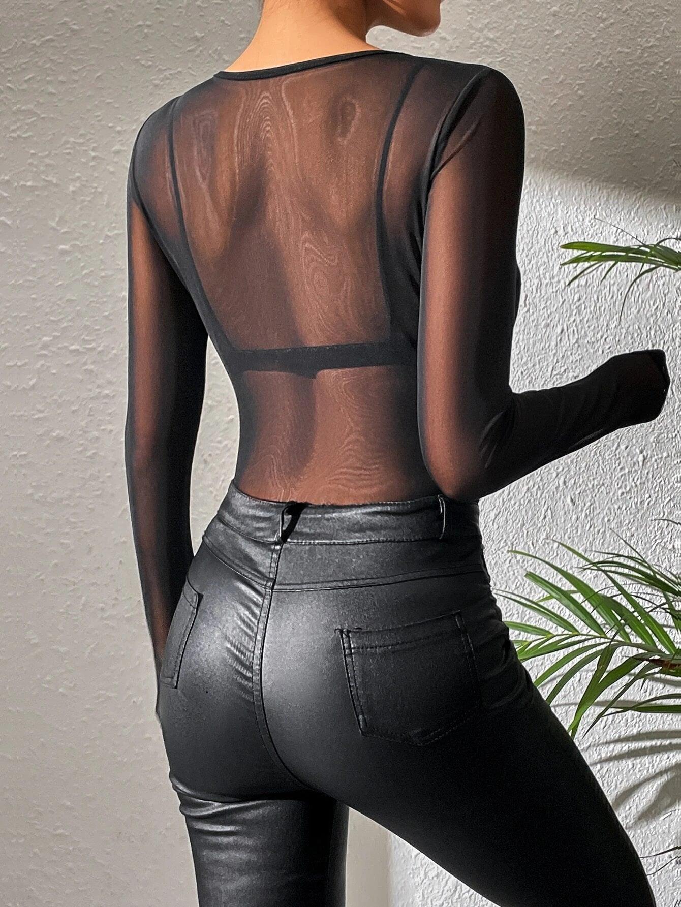 Round Neck Sheer Mesh Bodysuit-Comfy Jumpsuits