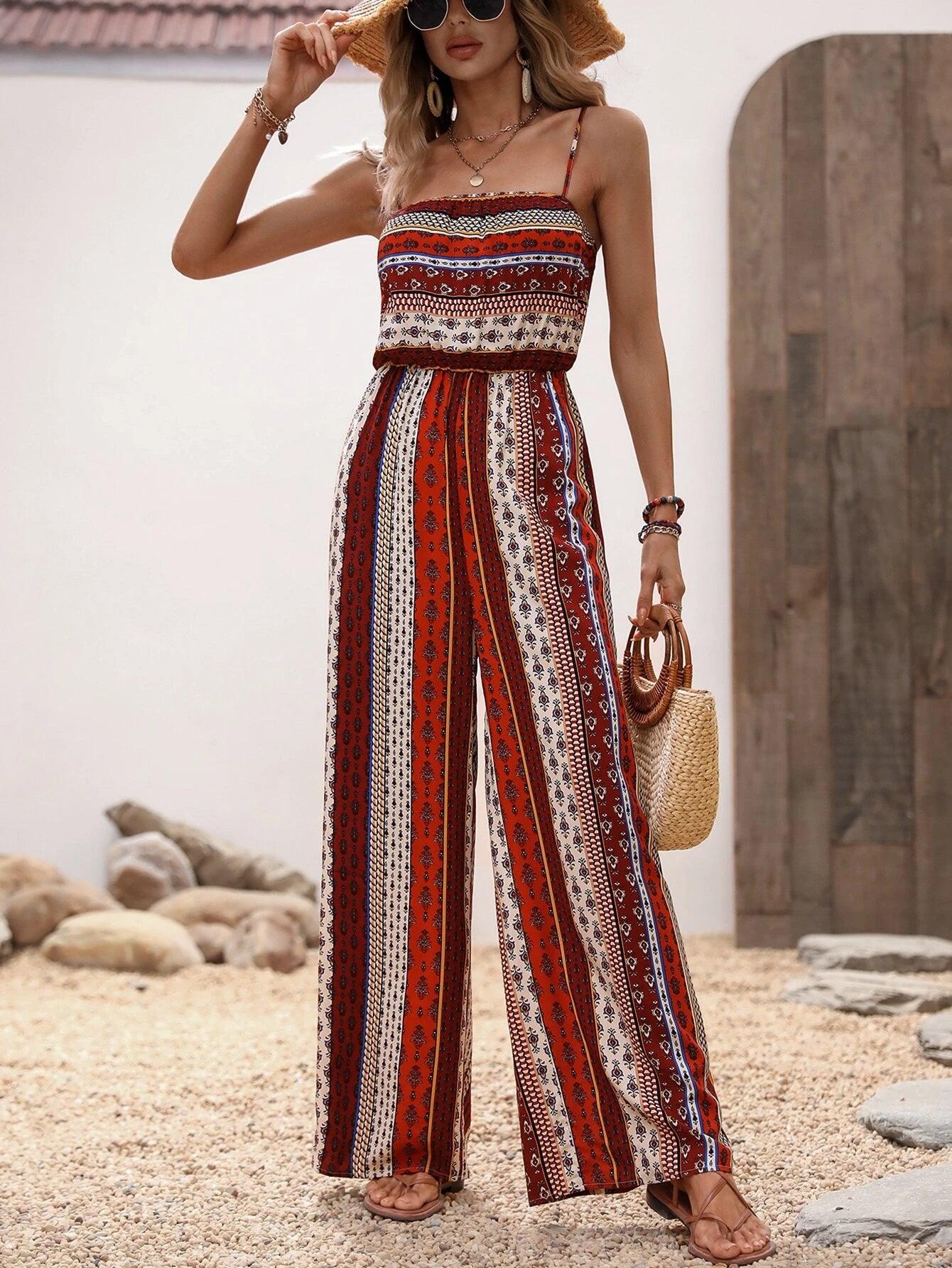 Allover Print Wide Bottom Cami Jumpsuit-Comfy Jumpsuits