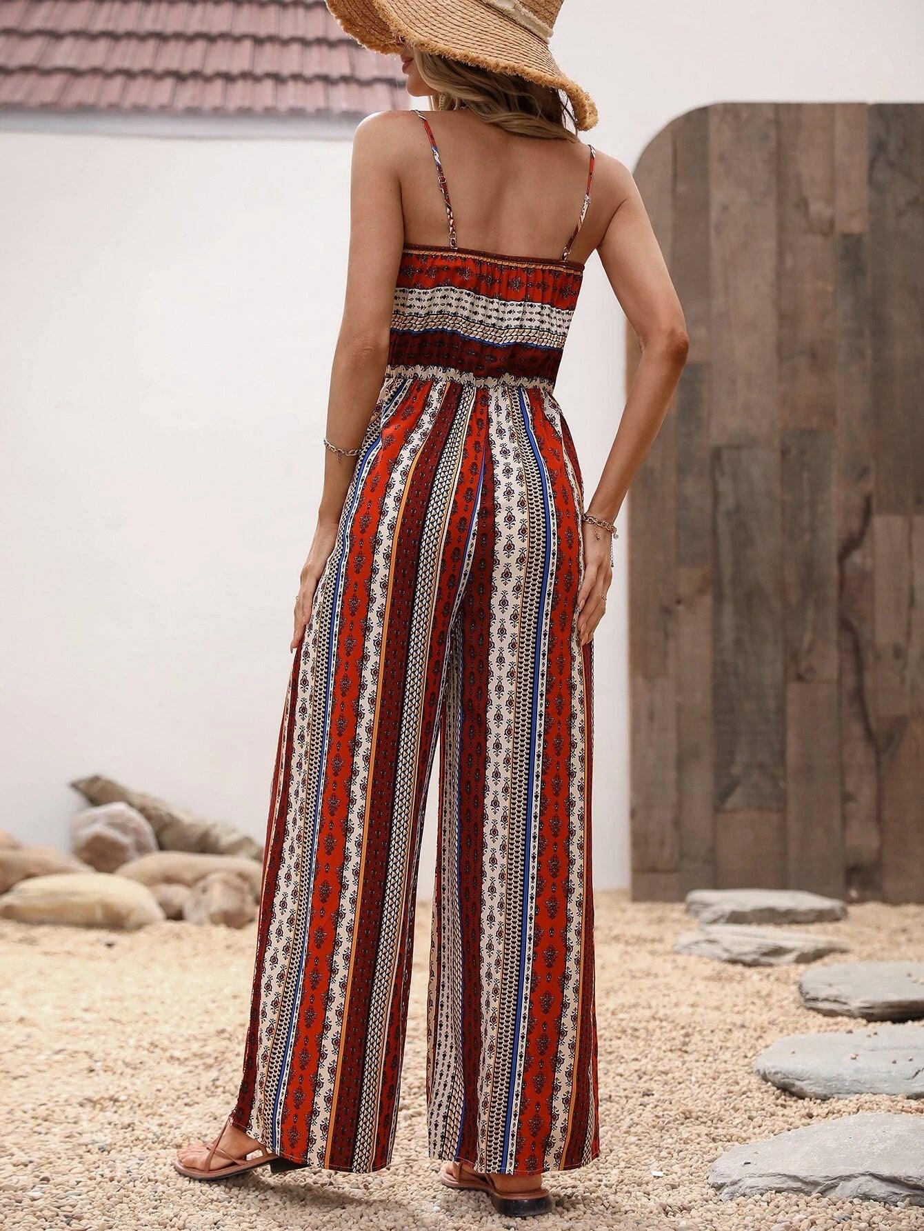 Allover Print Wide Bottom Cami Jumpsuit-Comfy Jumpsuits