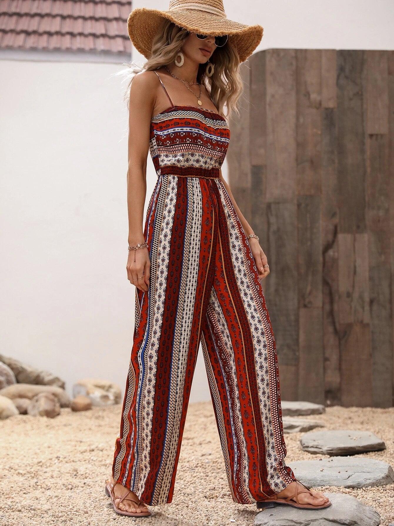 Allover Print Wide Bottom Cami Jumpsuit-Comfy Jumpsuits