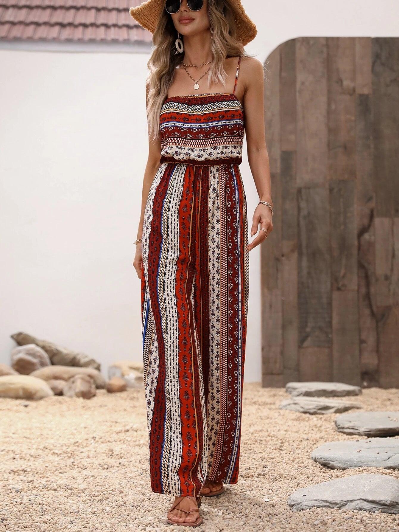 Allover Print Wide Bottom Cami Jumpsuit-Comfy Jumpsuits