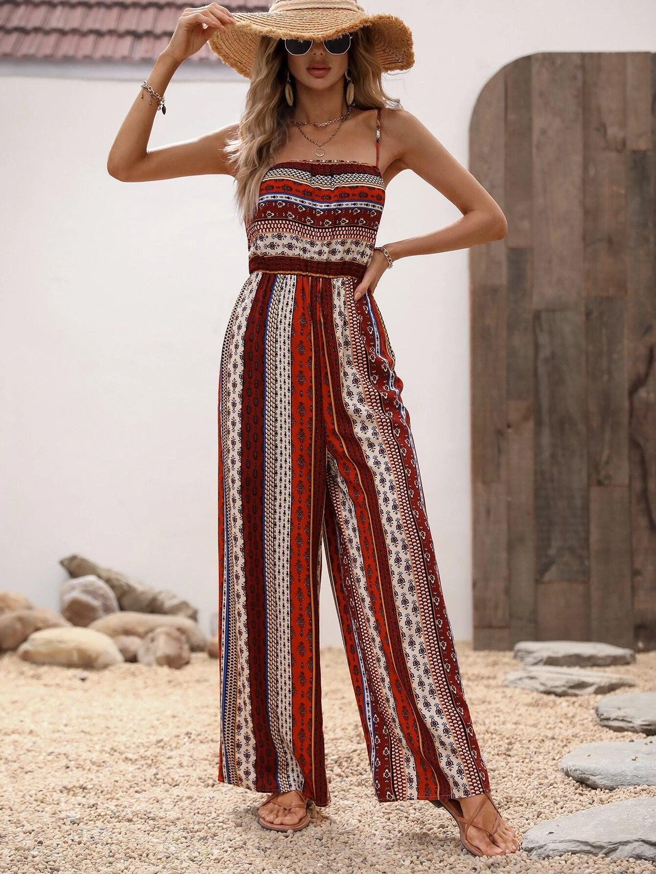 Allover Print Wide Bottom Cami Jumpsuit-Comfy Jumpsuits