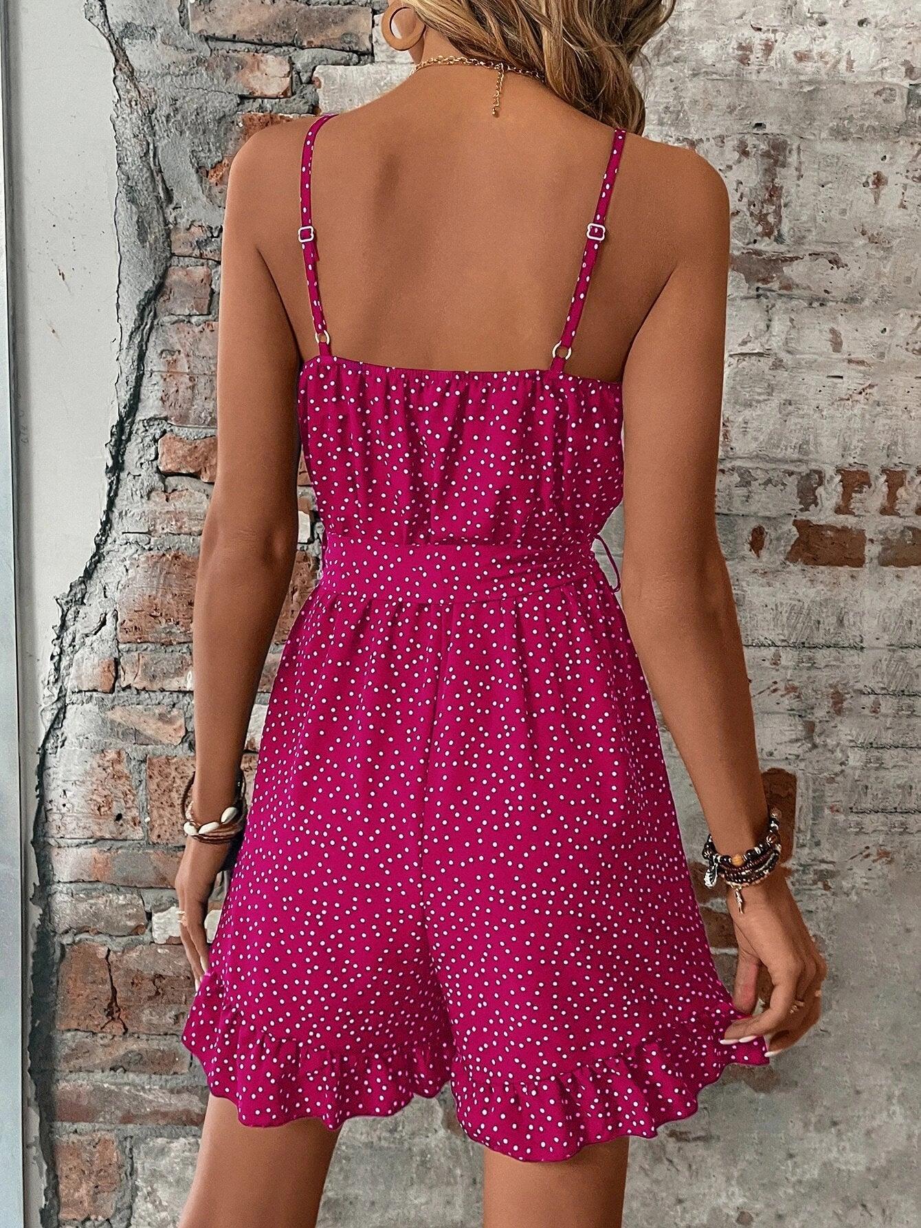 Dot Ruffle Hem Belted Cami Romper-Comfy Jumpsuits