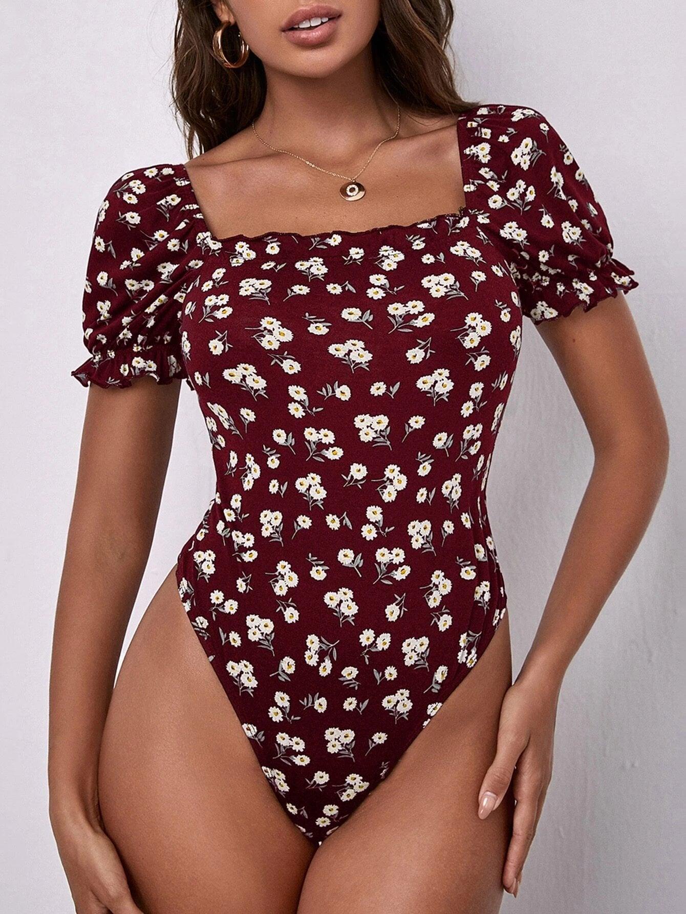 Floral Print Squared Neck Bodysuit-Comfy Jumpsuits