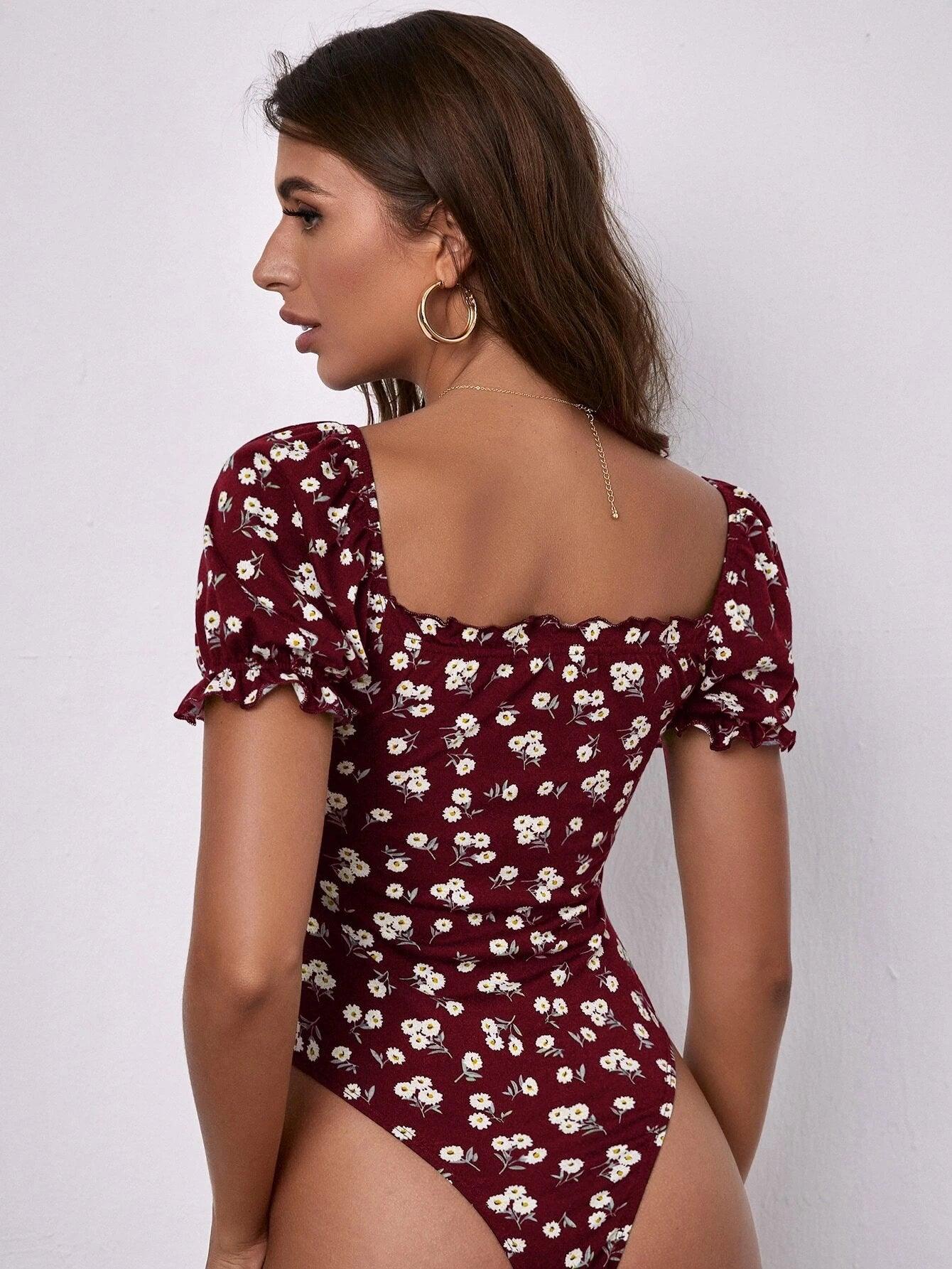 Floral Print Squared Neck Bodysuit-Comfy Jumpsuits