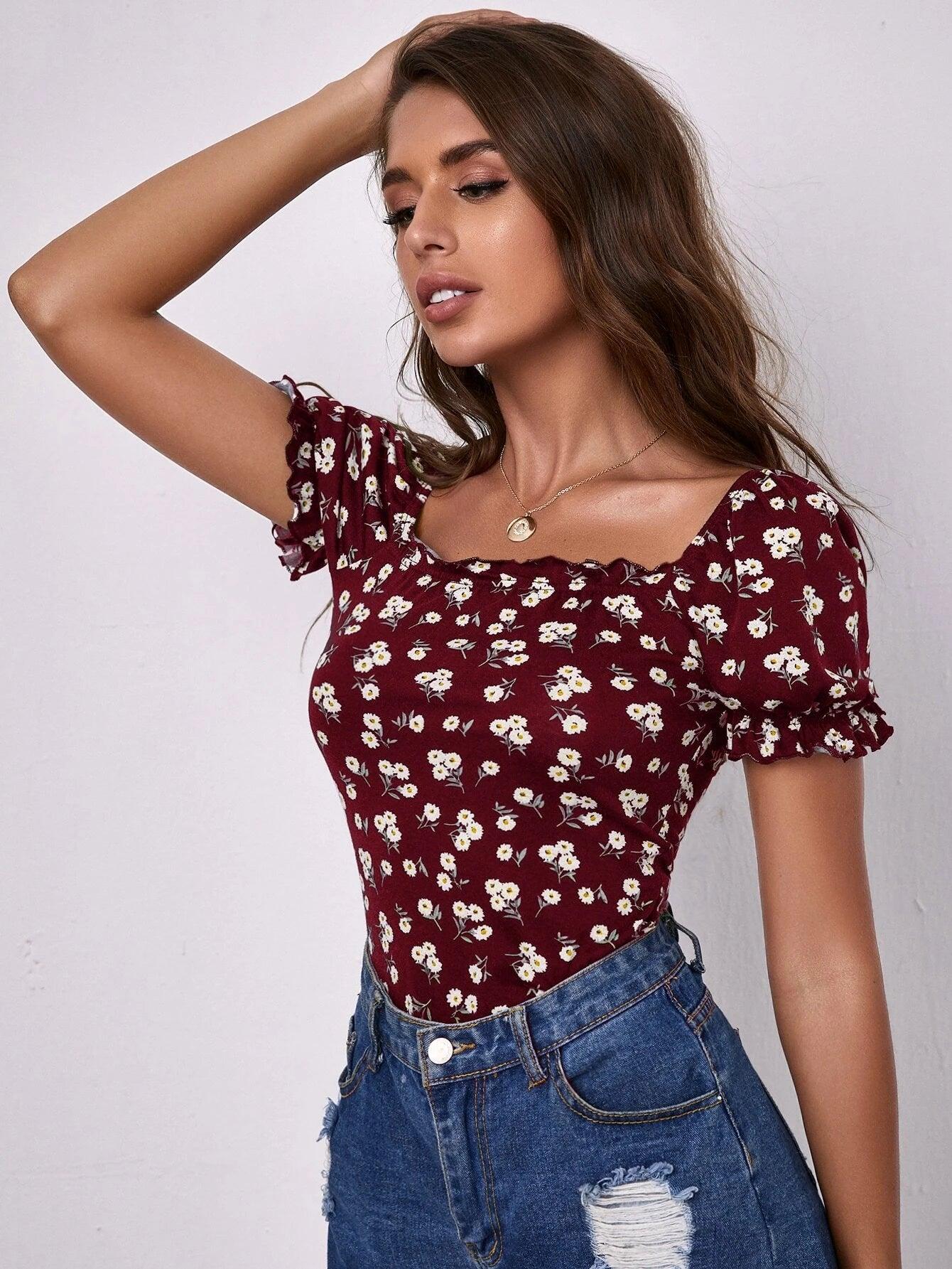 Floral Print Squared Neck Bodysuit-Comfy Jumpsuits