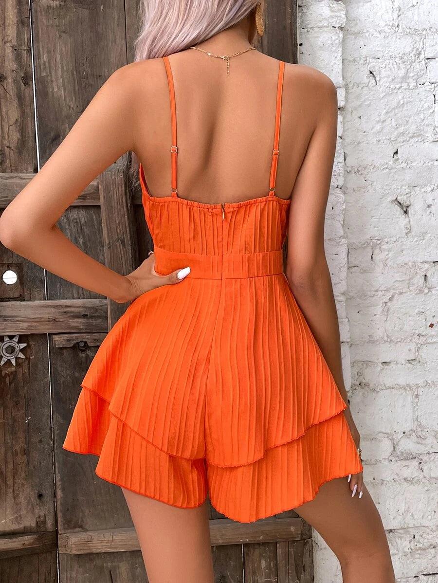 Solid Colour Zip Back Layer Hem Cami Romper-Comfy Jumpsuits