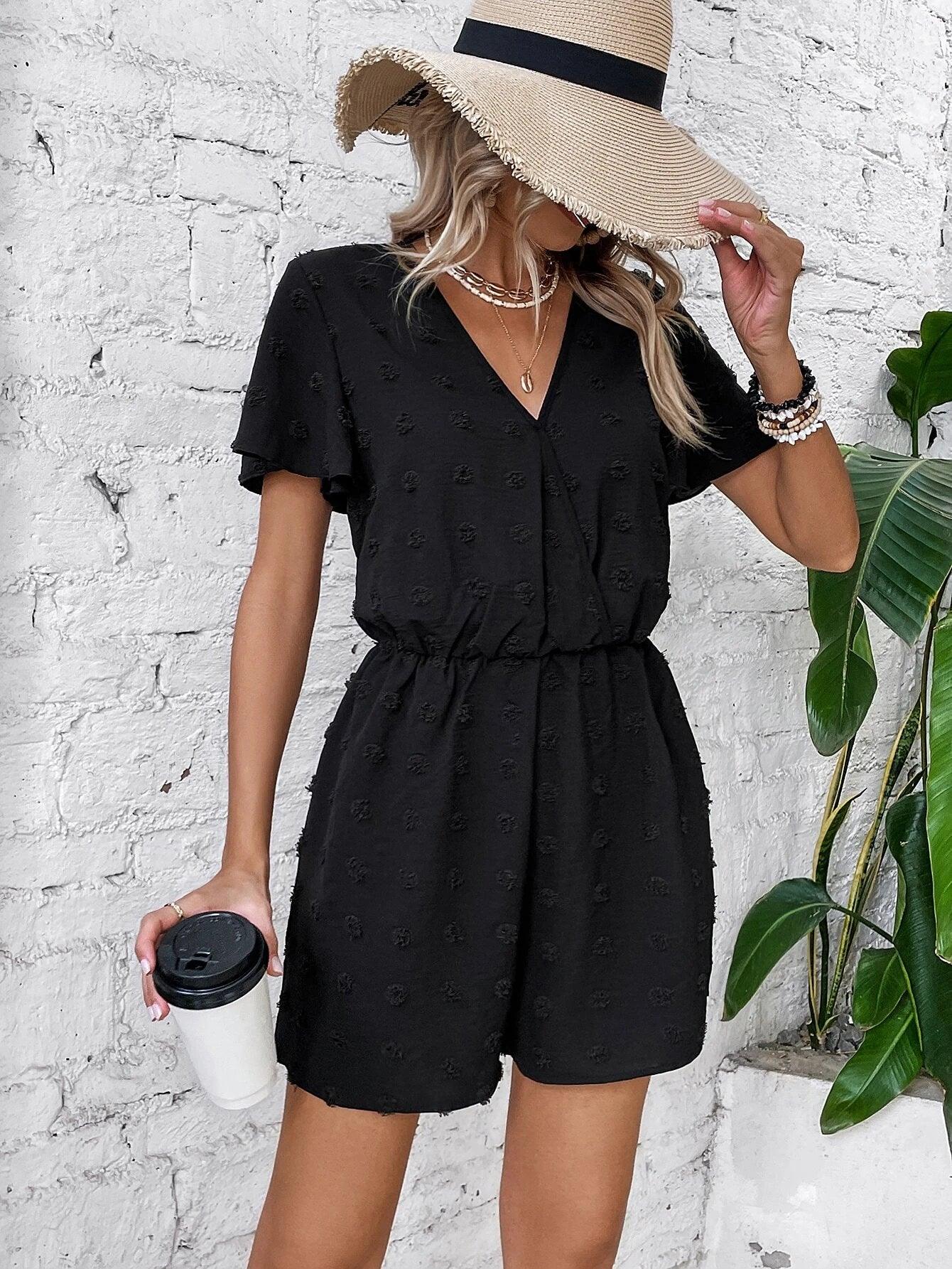 Swiss Dot Surplice Neck Butterfly Sleeve Romper-Comfy Jumpsuits