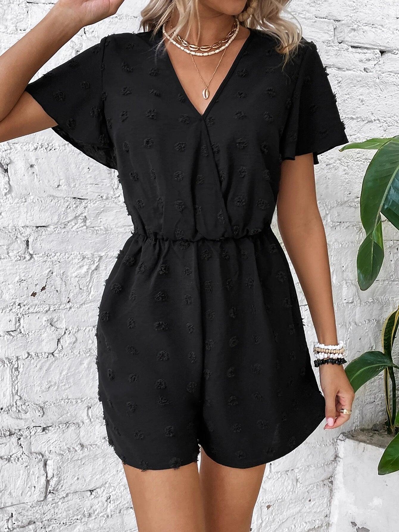 Swiss Dot Surplice Neck Butterfly Sleeve Romper-Comfy Jumpsuits
