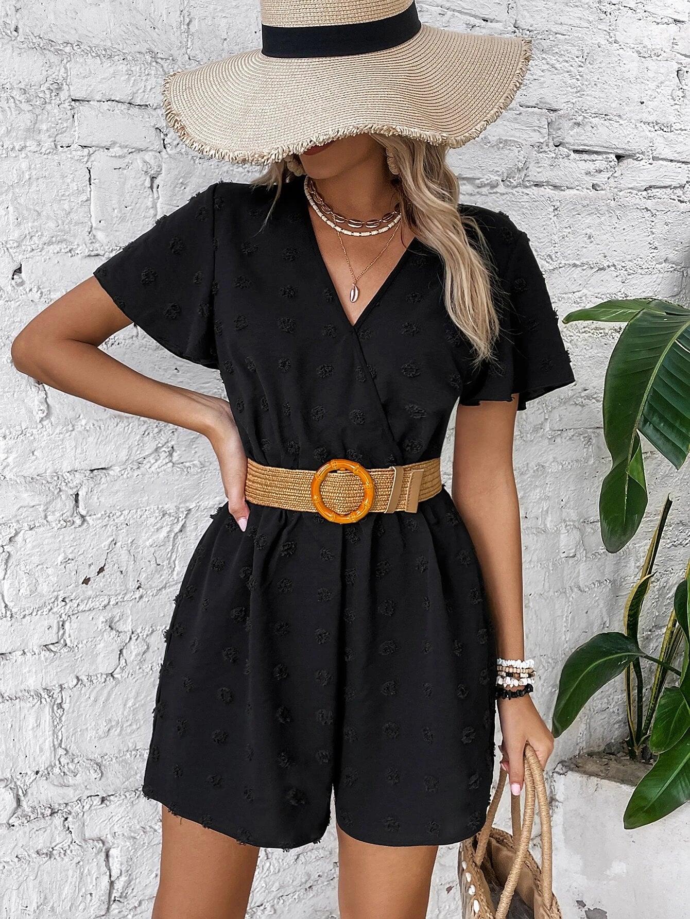 Swiss Dot Surplice Neck Butterfly Sleeve Romper-Comfy Jumpsuits