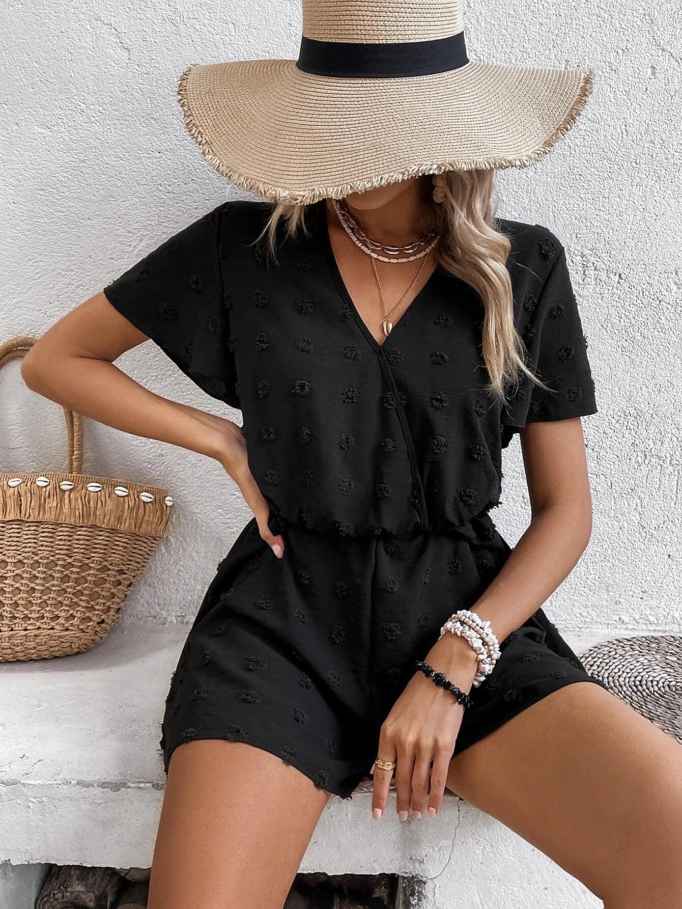 Swiss Dot Surplice Neck Butterfly Sleeve Romper-Comfy Jumpsuits