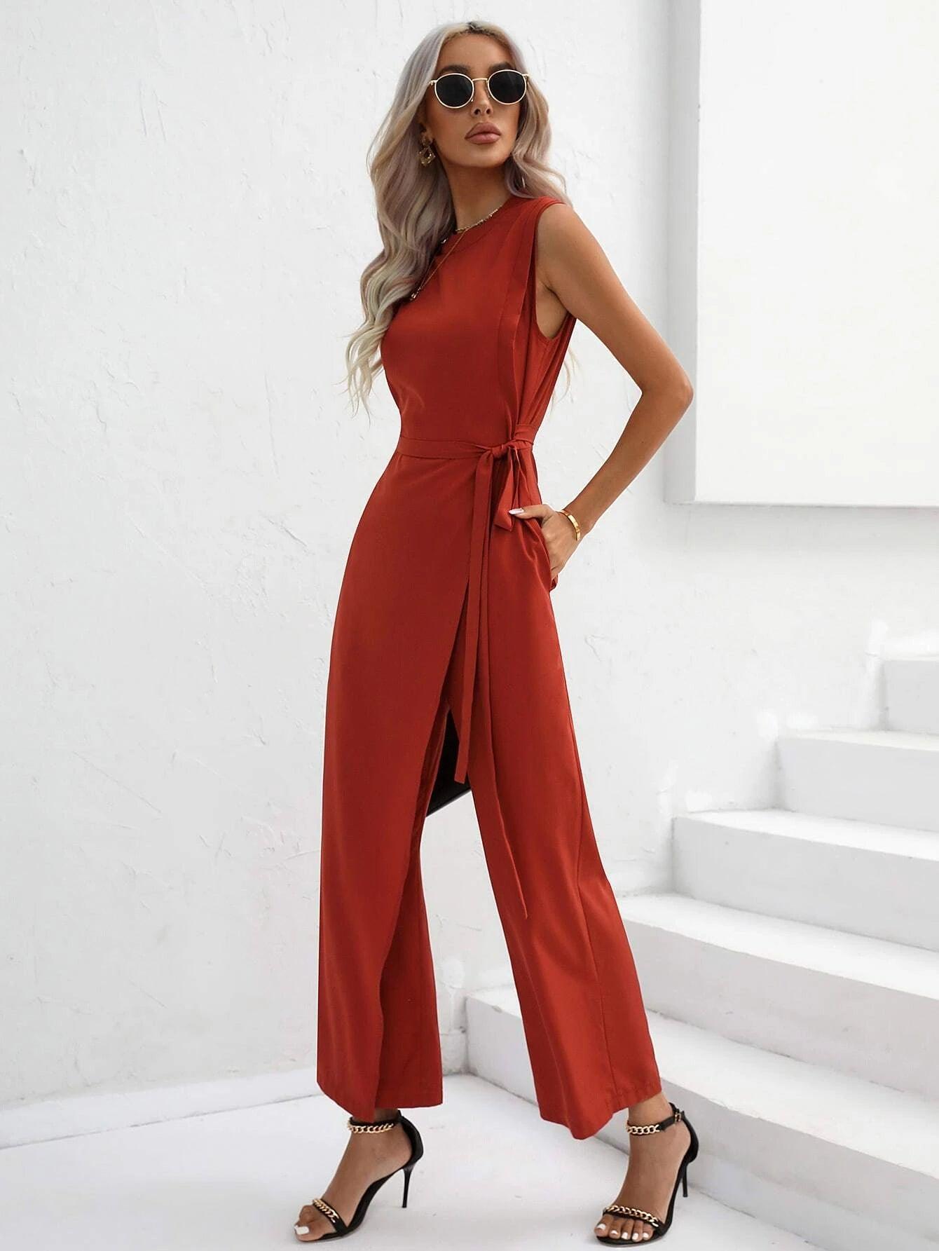 Waist Side Knot Jumpsuit-Comfy Jumpsuits