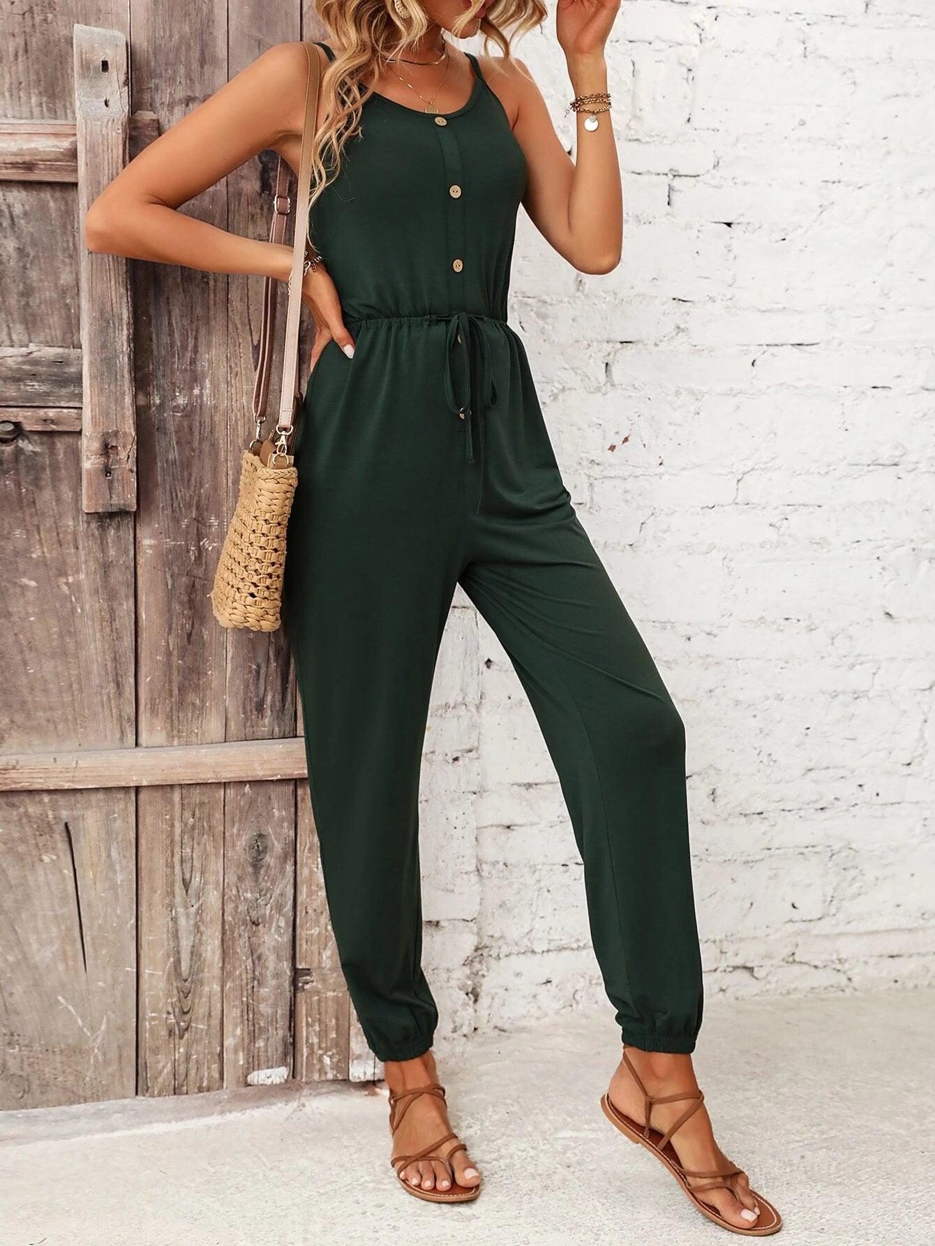 Button Front Knot Cami Jumpsuit-Comfy Jumpsuits