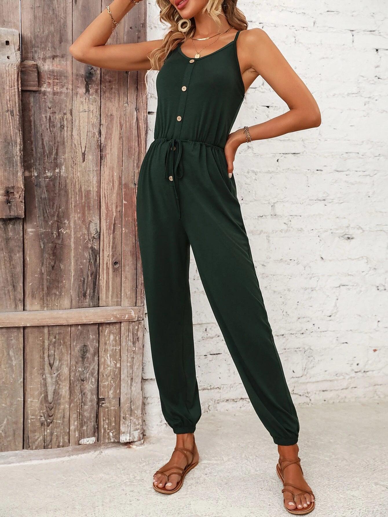 Button Front Knot Cami Jumpsuit-Comfy Jumpsuits