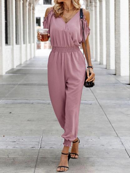 Short Sleeve With Slant Pockets Jumpsuit-Comfy Jumpsuits