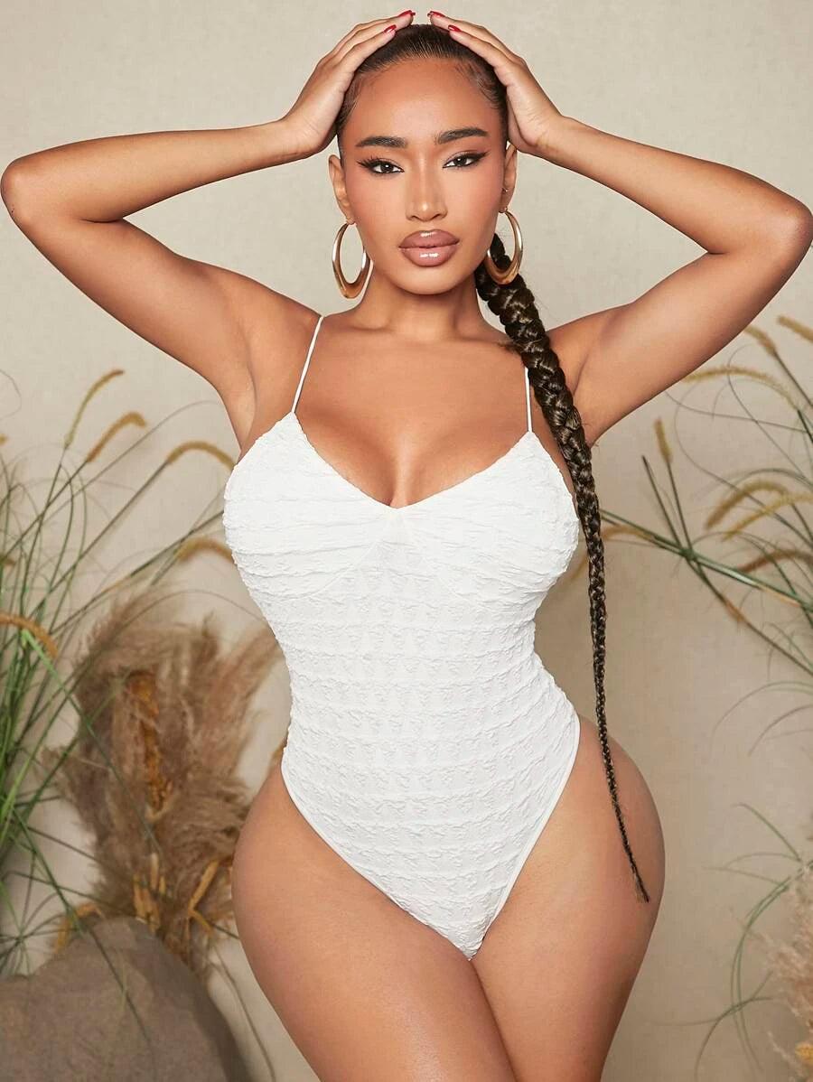 Solid Ruched Backless Cami Bodysuit-Comfy Jumpsuits