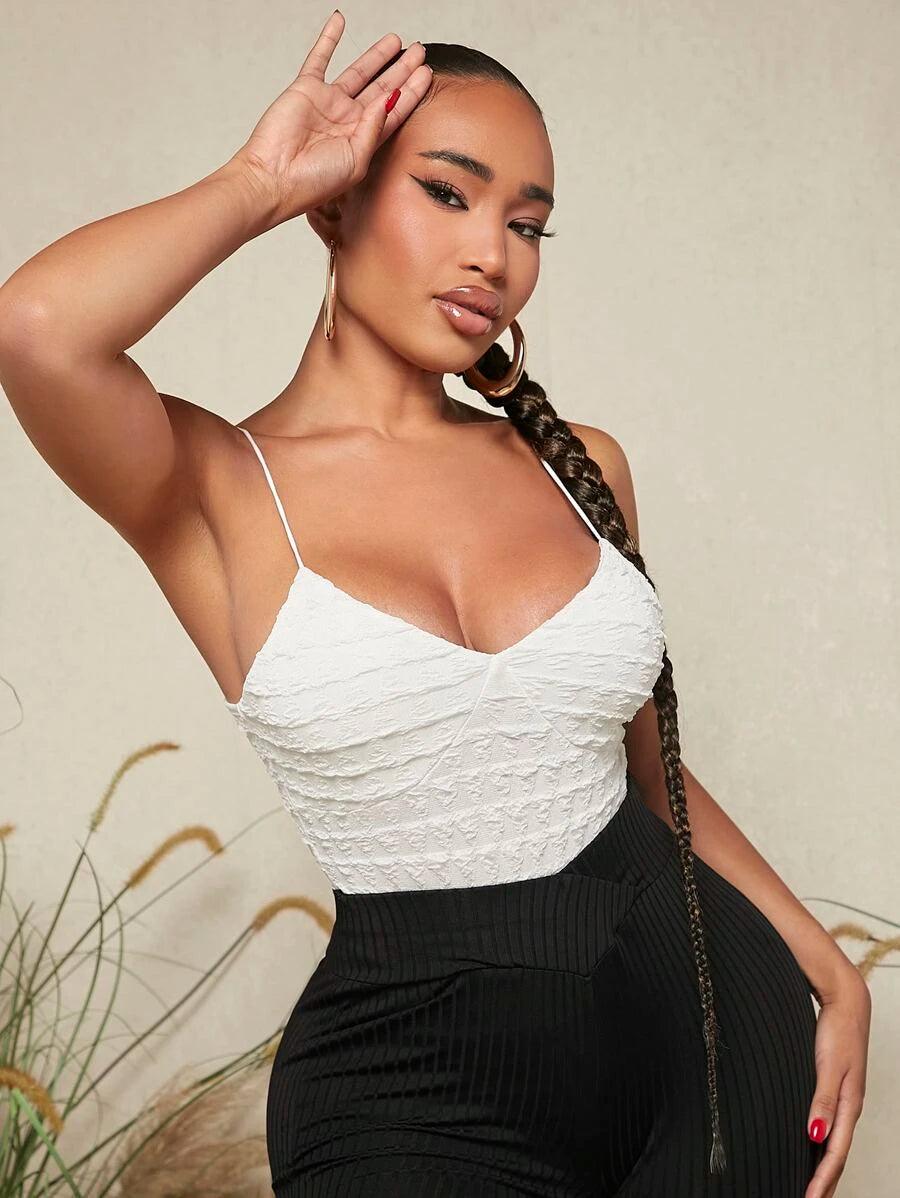 Solid Ruched Backless Cami Bodysuit-Comfy Jumpsuits