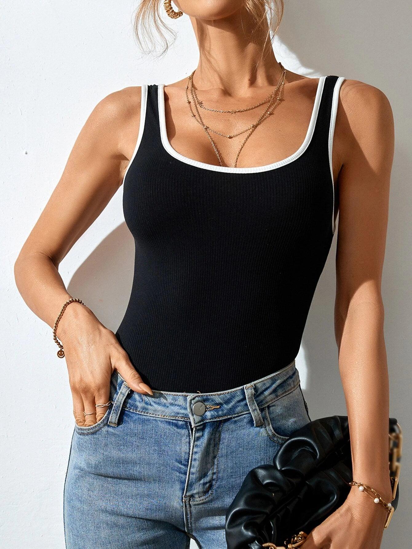 Contrast Binding Tank Bodysuit-Comfy Jumpsuits
