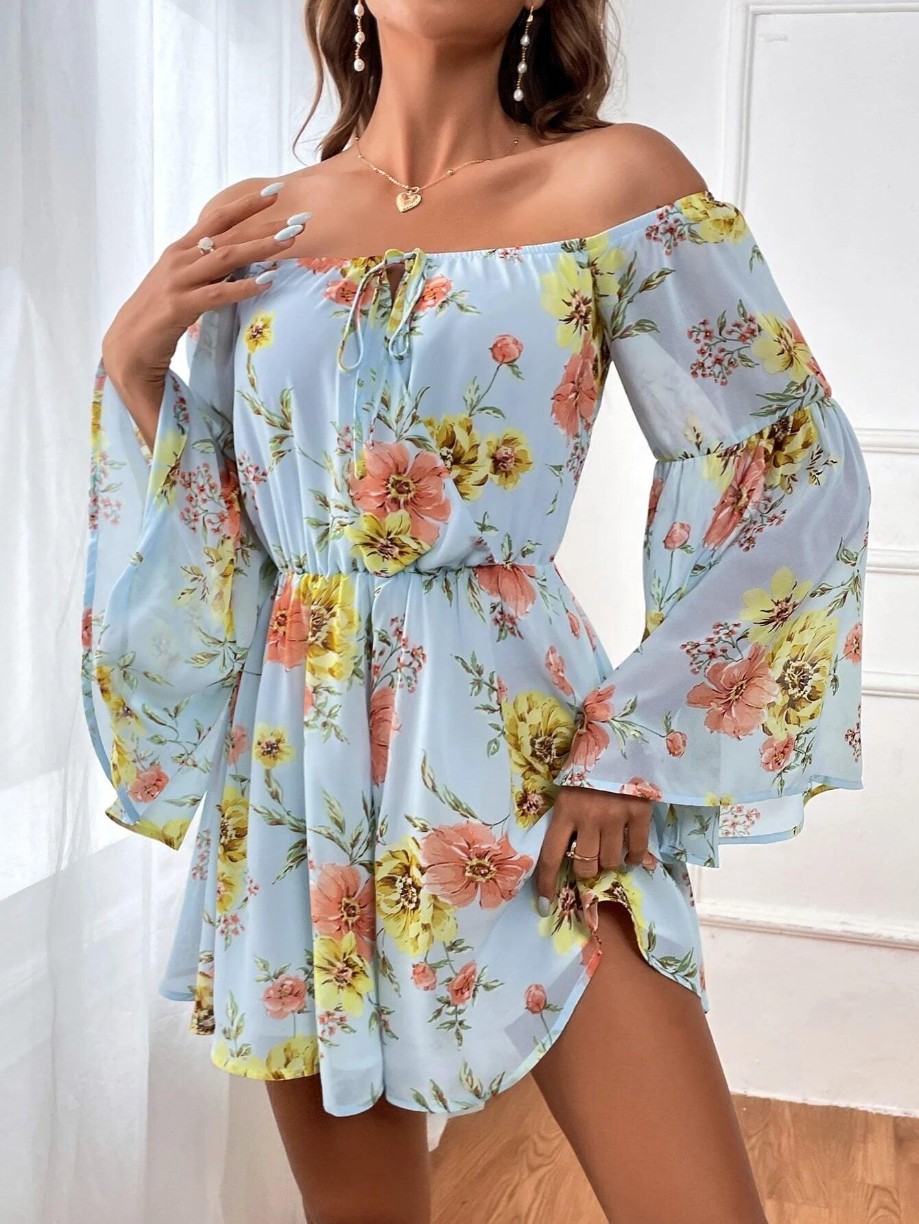 Floral Print Off Shoulder Tie Front Romper-Comfy Jumpsuits