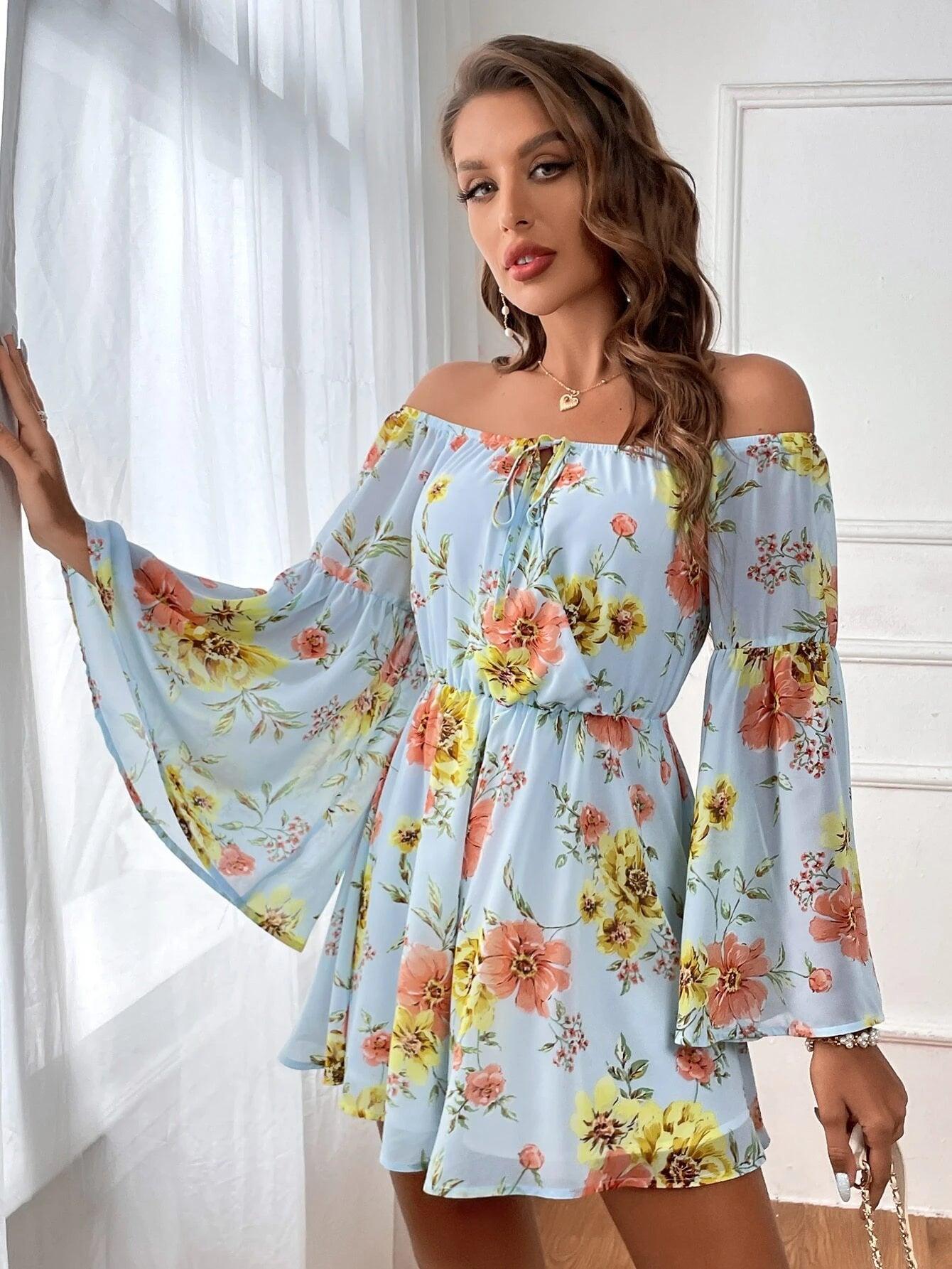 Floral Print Off Shoulder Tie Front Romper-Comfy Jumpsuits