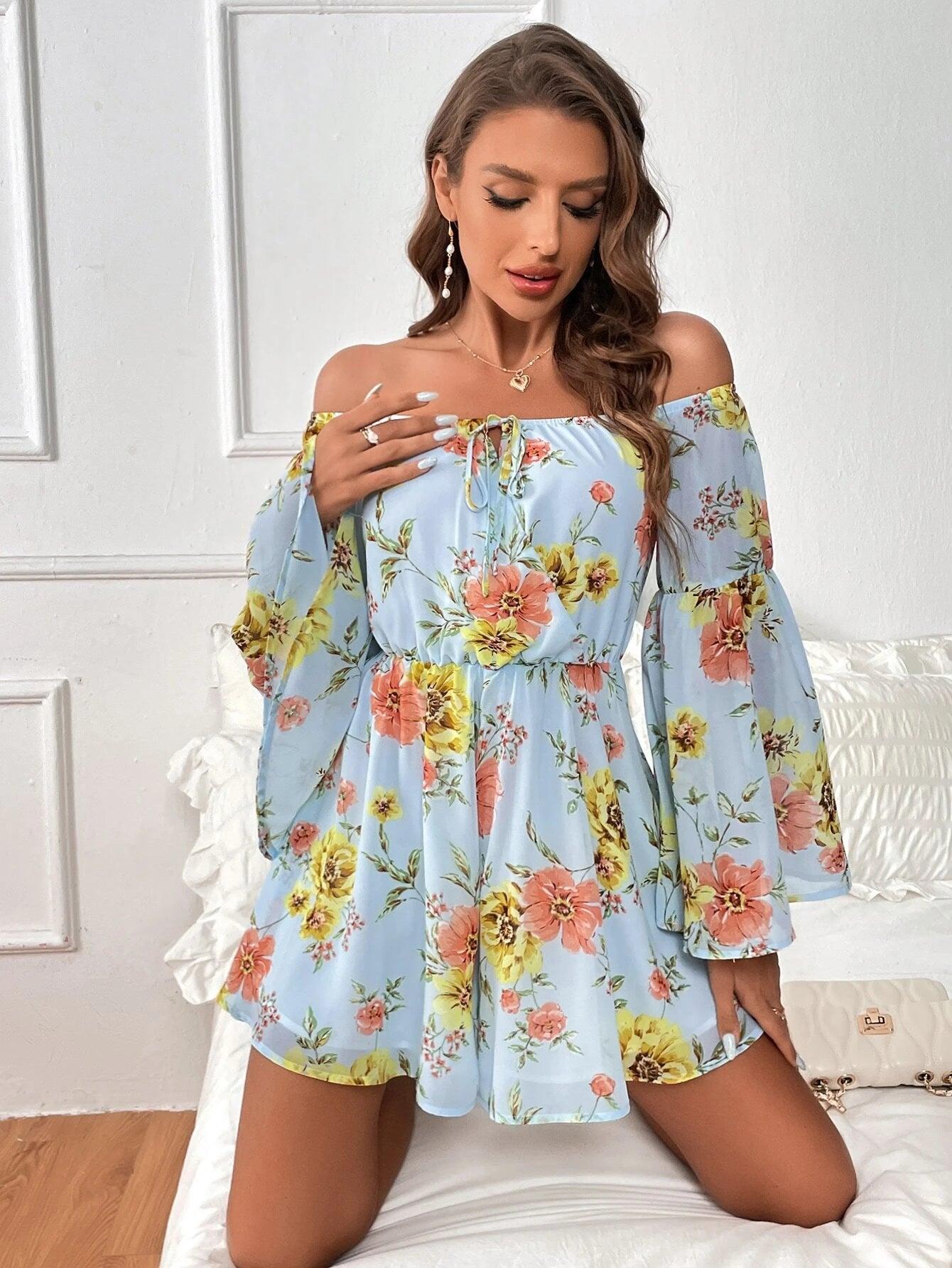 Floral Print Off Shoulder Tie Front Romper-Comfy Jumpsuits
