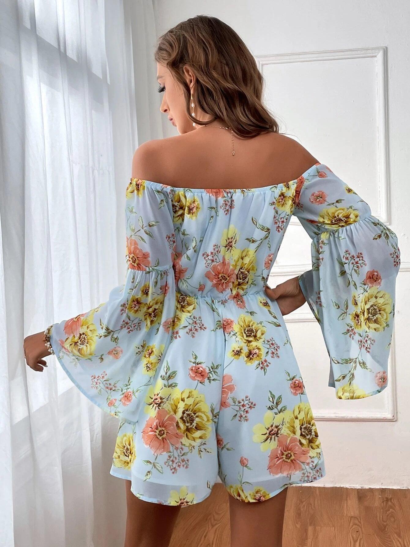 Floral Print Off Shoulder Tie Front Romper-Comfy Jumpsuits