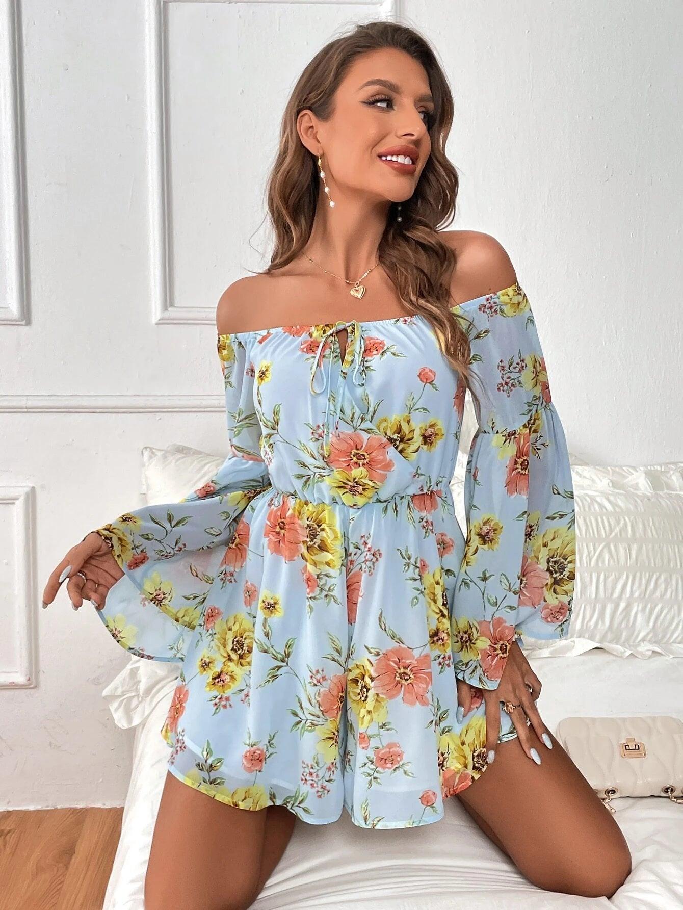 Floral Print Off Shoulder Tie Front Romper-Comfy Jumpsuits