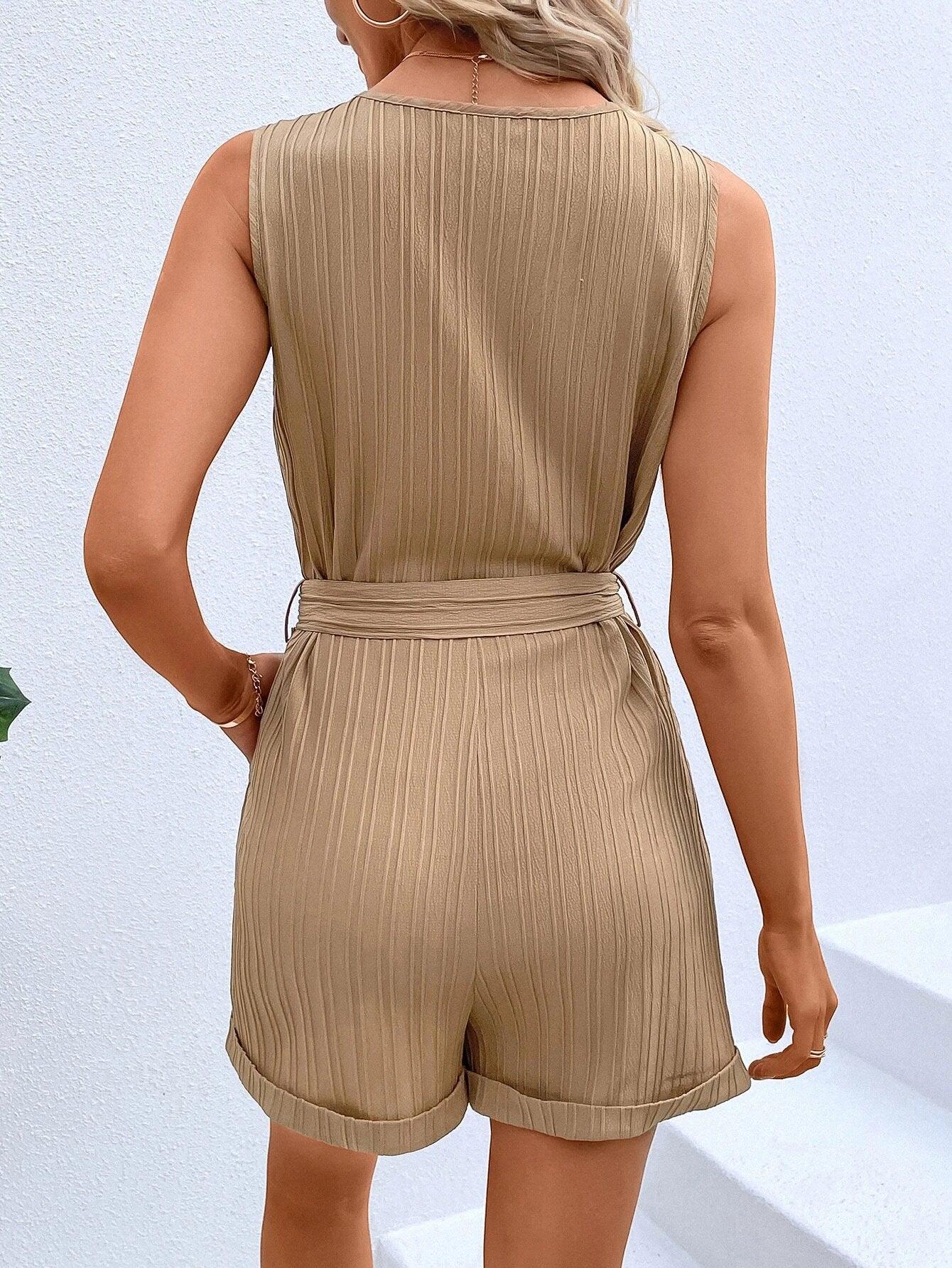 Button Front High Waist Belted Romper-Comfy Jumpsuits