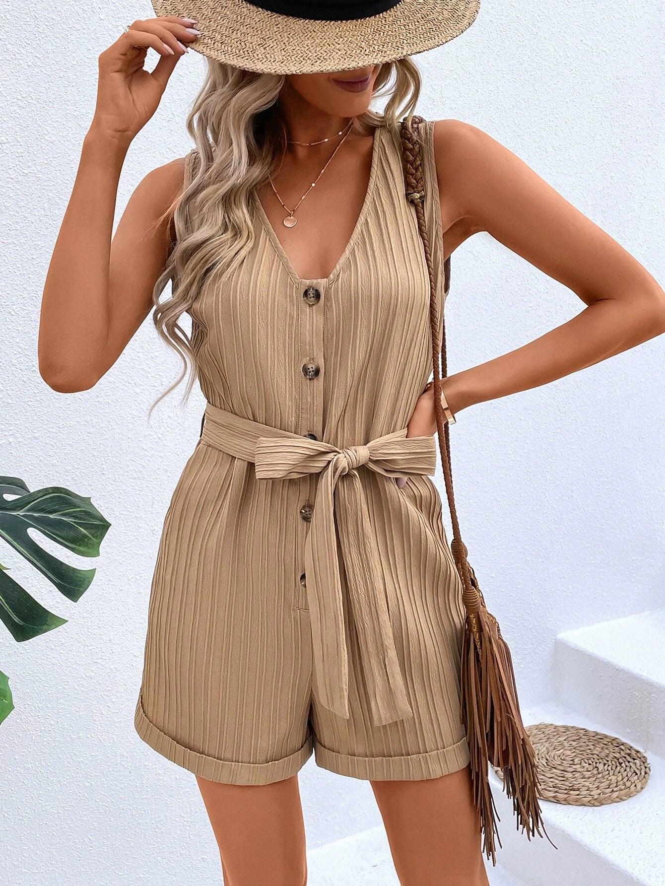 Button Front High Waist Belted Romper-Comfy Jumpsuits