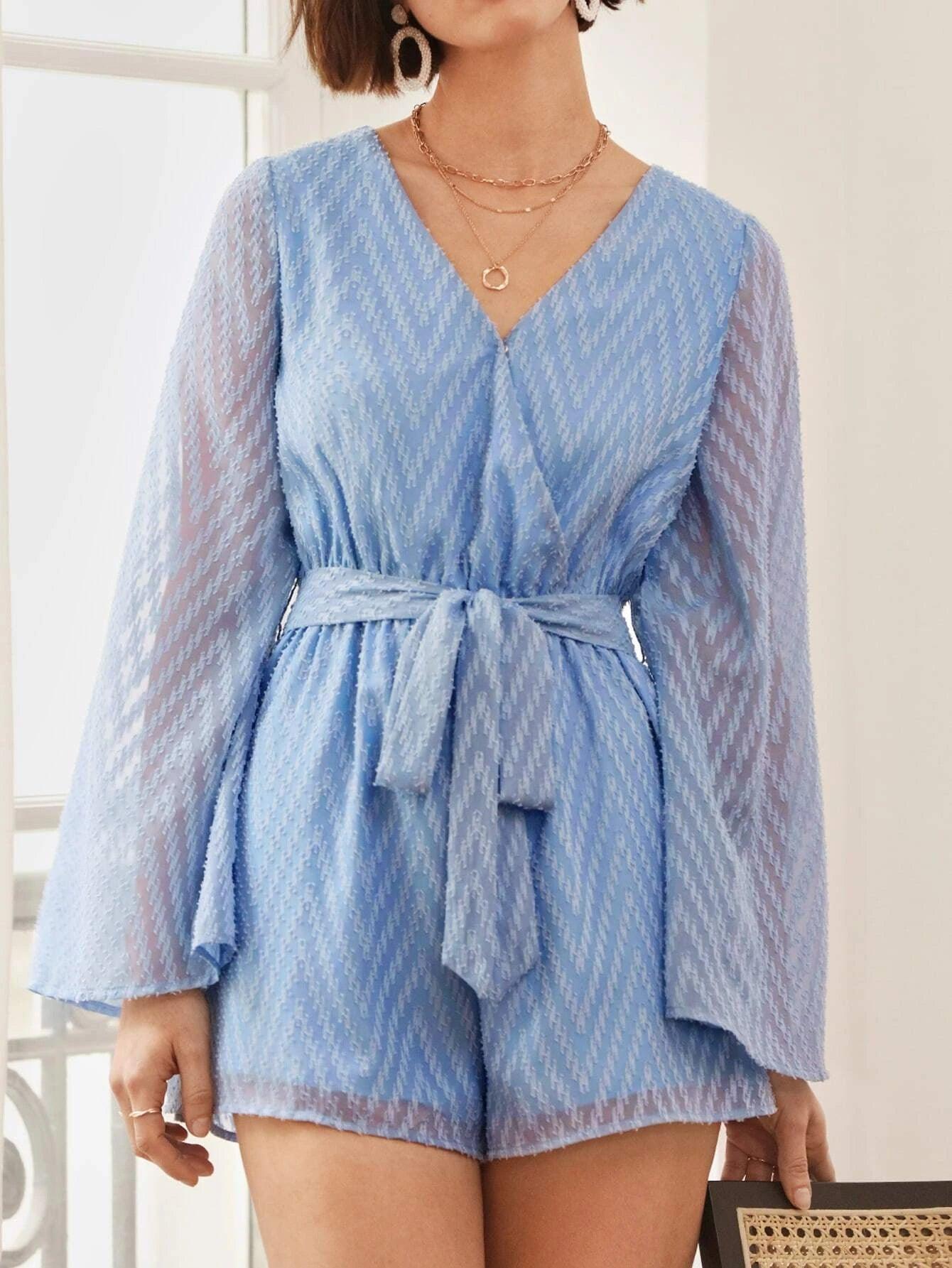 Solid Wrap Front Belted Romper-Comfy Jumpsuits