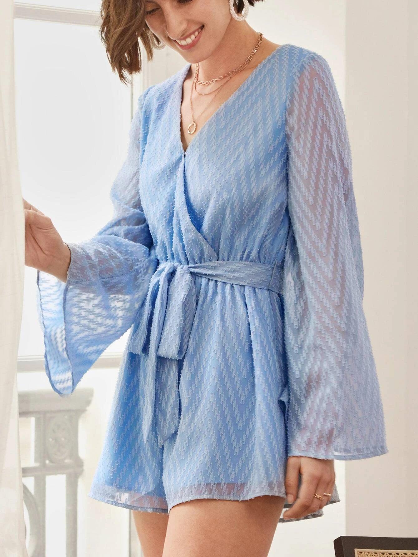 Solid Wrap Front Belted Romper-Comfy Jumpsuits