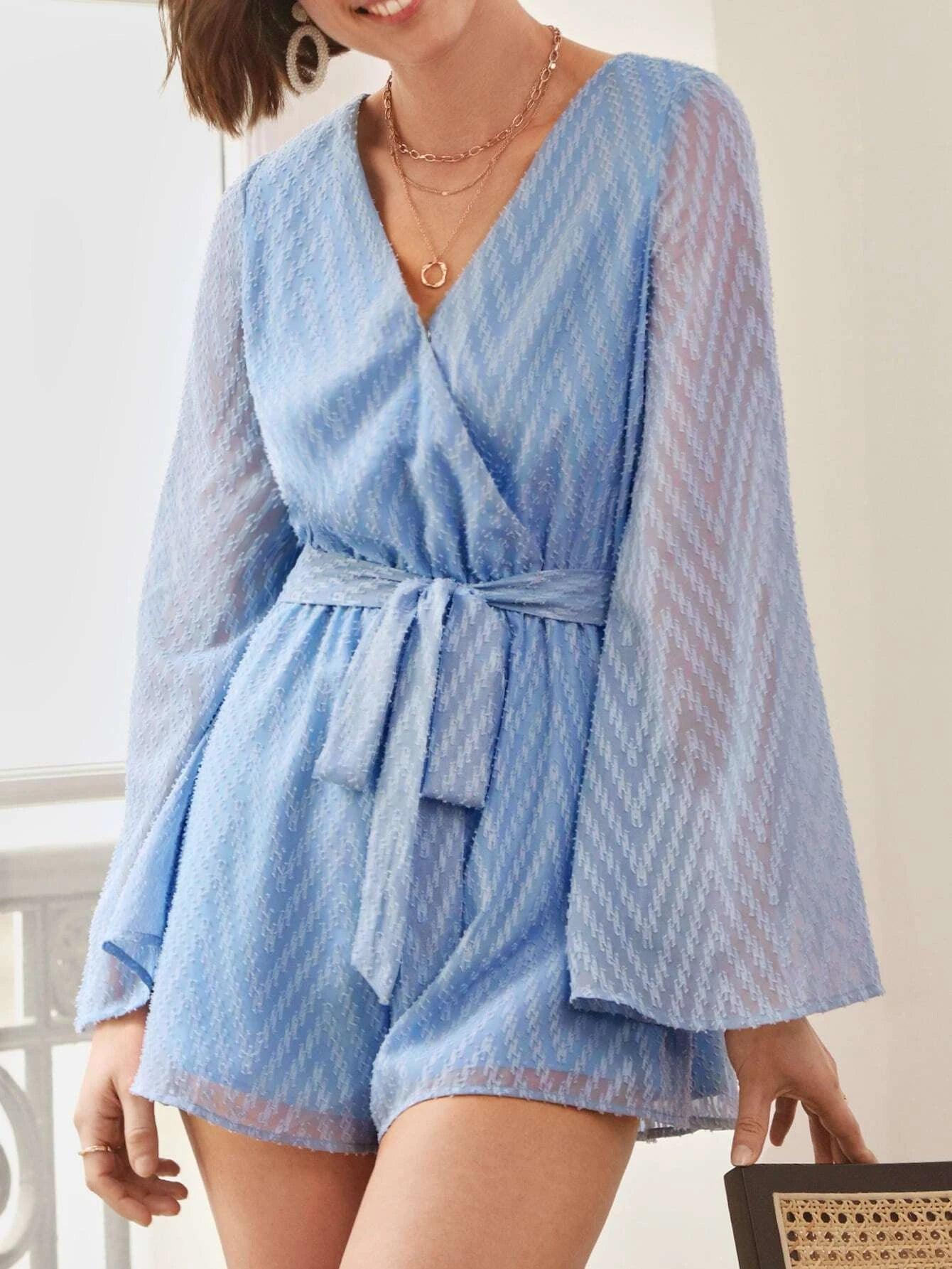 Solid Wrap Front Belted Romper-Comfy Jumpsuits