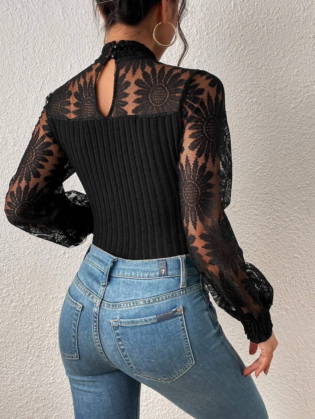 Contrast Lace Long Sleeved Bodysuit-Comfy Jumpsuits