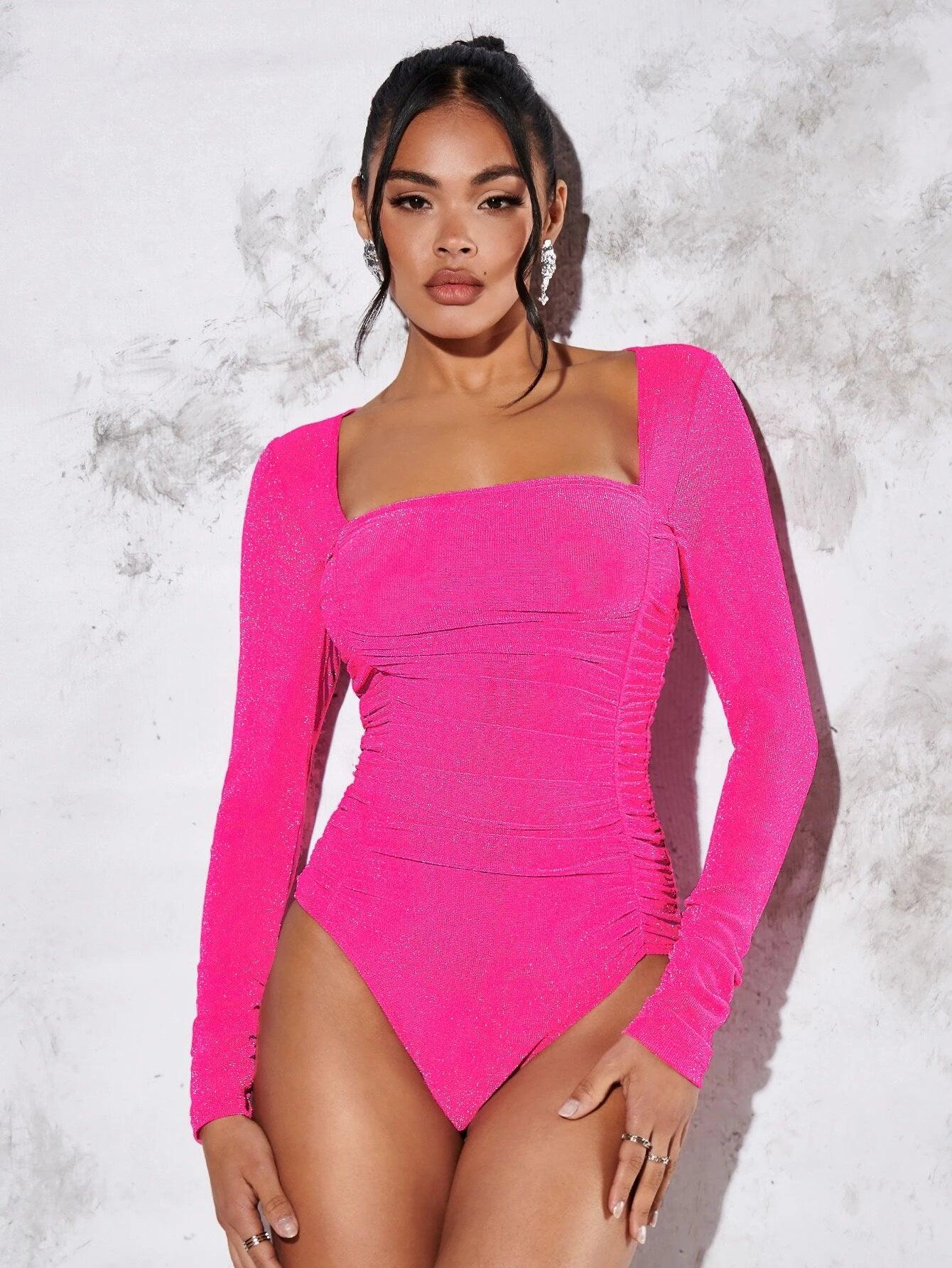 Square Neck Ruched Glitter Bodysuit-Comfy Jumpsuits