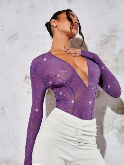 Plunging Neck Sequin Detail Mesh Bodysuit-Comfy Jumpsuits