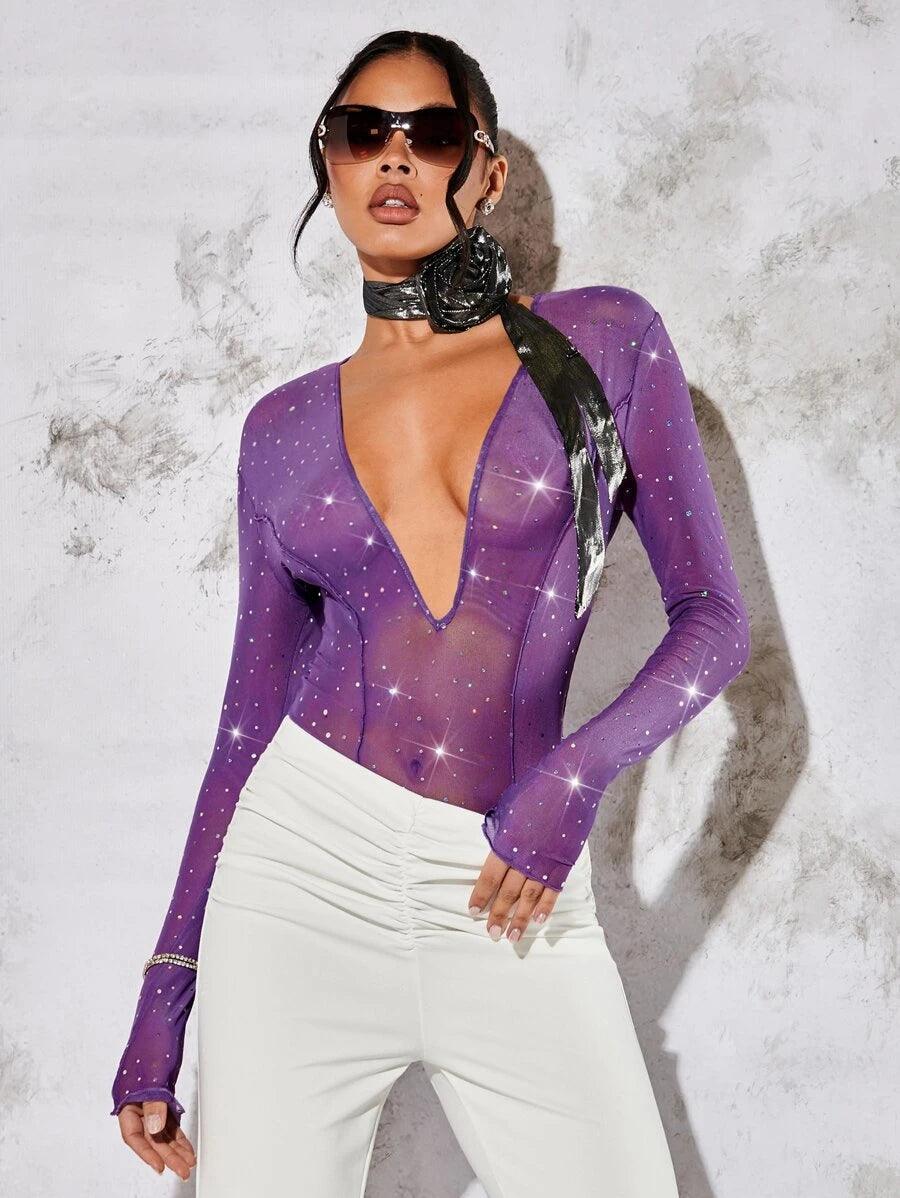 Plunging Neck Sequin Detail Mesh Bodysuit-Comfy Jumpsuits