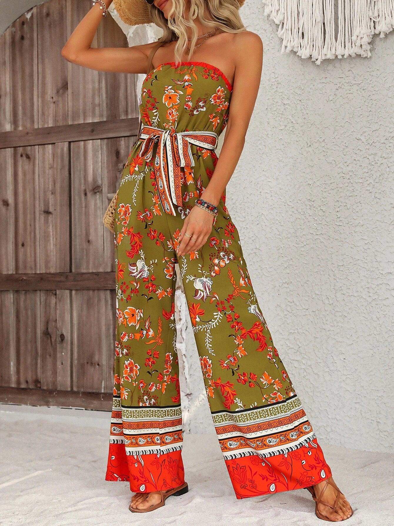 Floral Pattern Belted Tube Jumpsuit-Comfy Jumpsuits