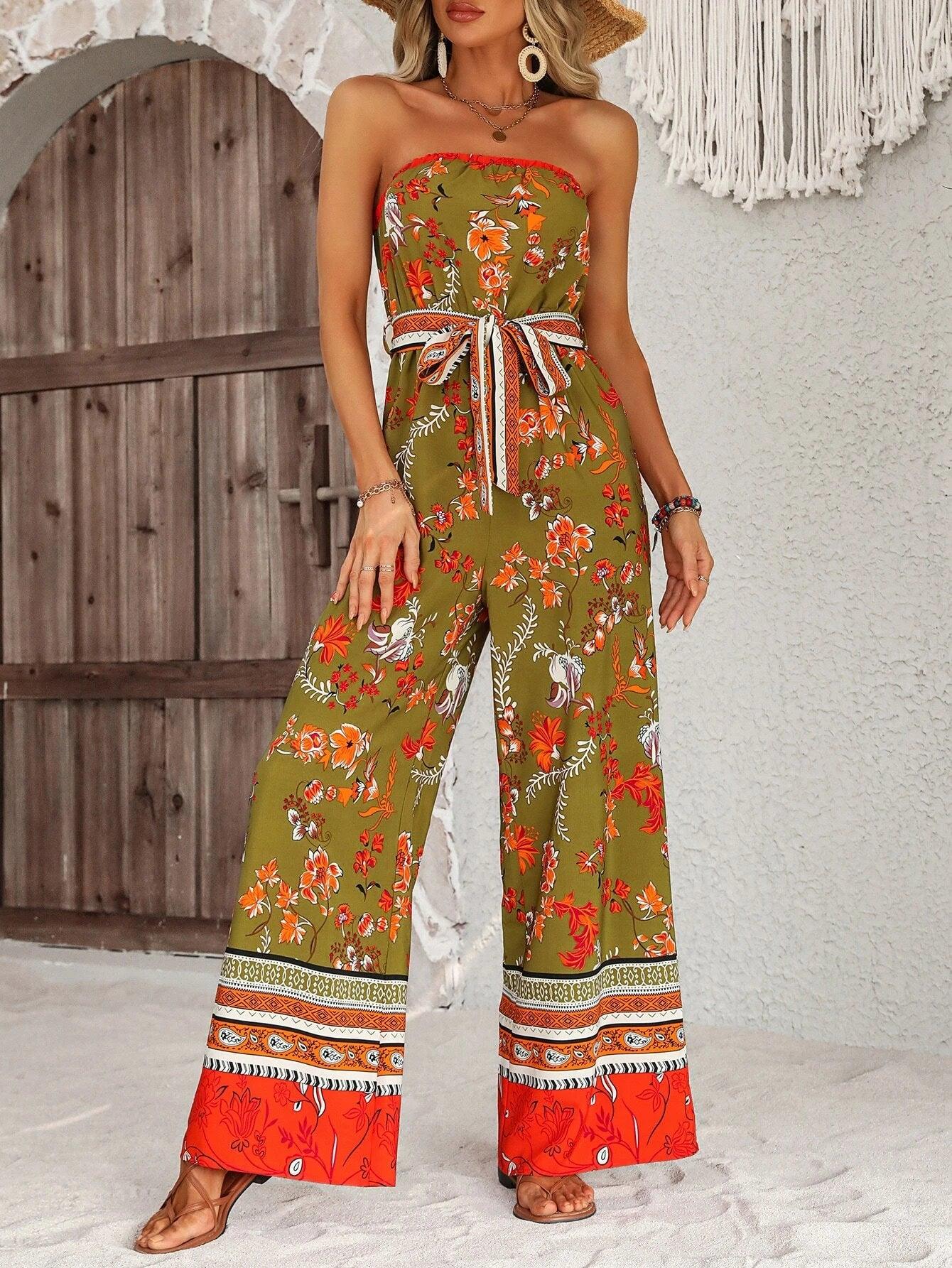 Floral Pattern Belted Tube Jumpsuit-Comfy Jumpsuits