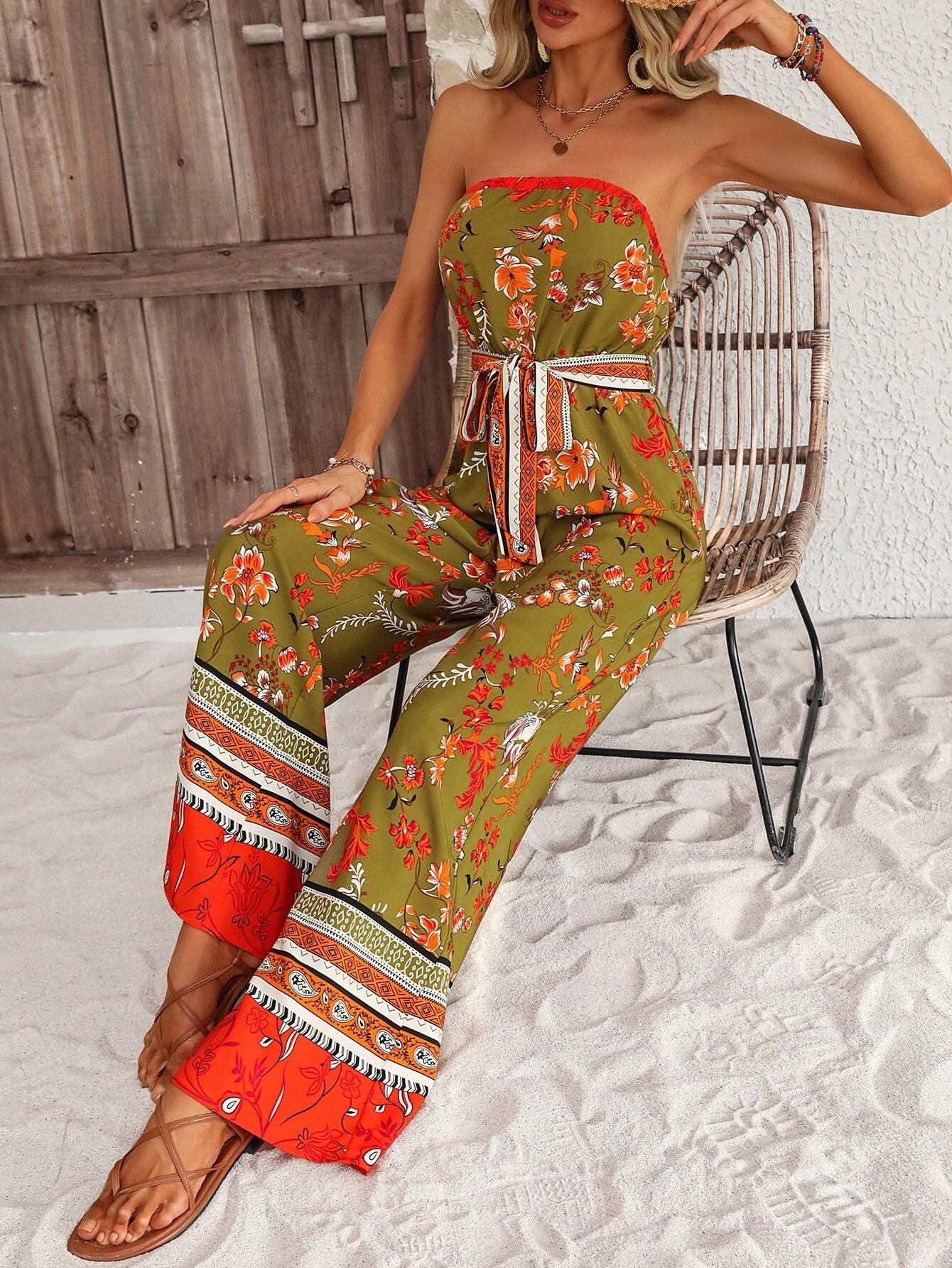 Floral Pattern Belted Tube Jumpsuit-Comfy Jumpsuits