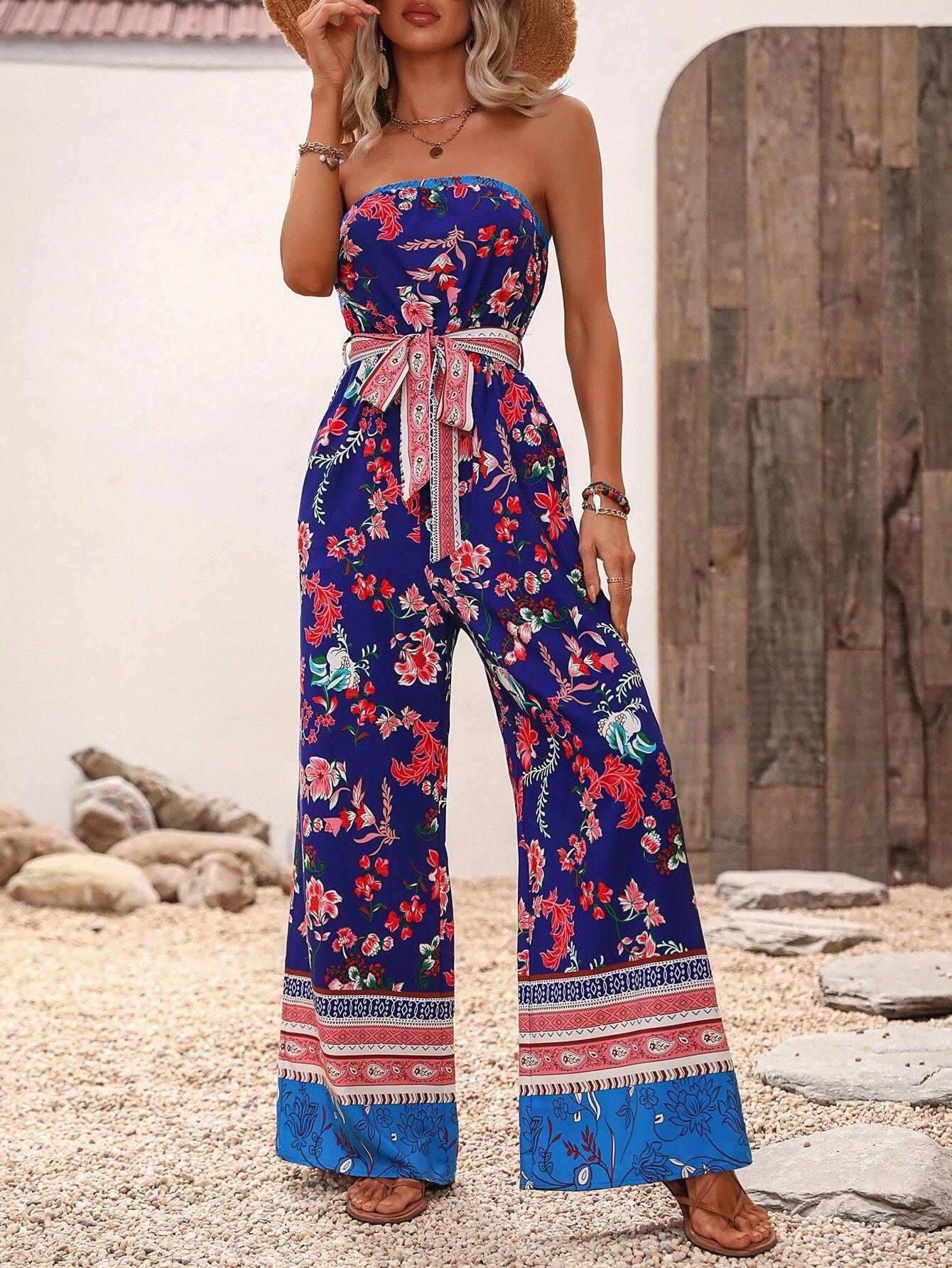 Floral Pattern Belted Tube Jumpsuit-Comfy Jumpsuits