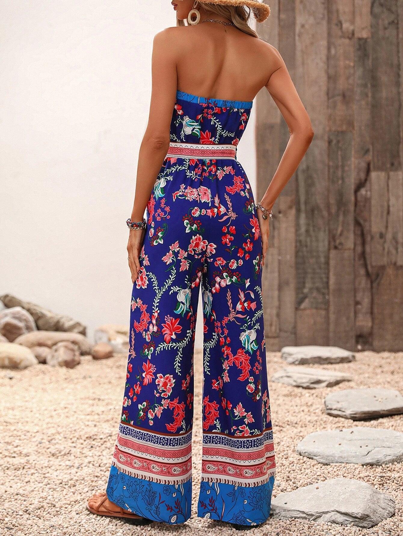 Floral Pattern Belted Tube Jumpsuit-Comfy Jumpsuits