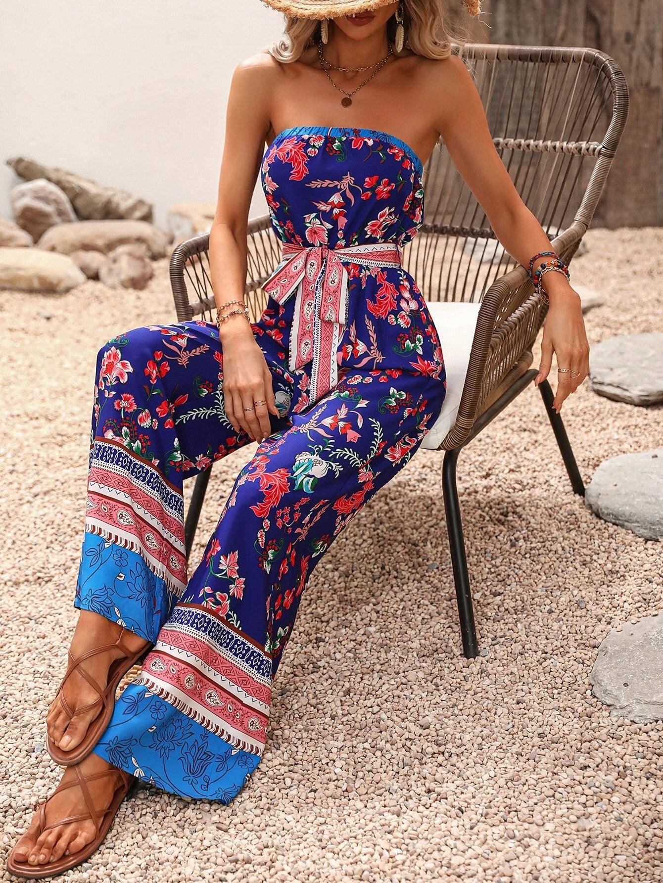 Floral Pattern Belted Tube Jumpsuit-Comfy Jumpsuits