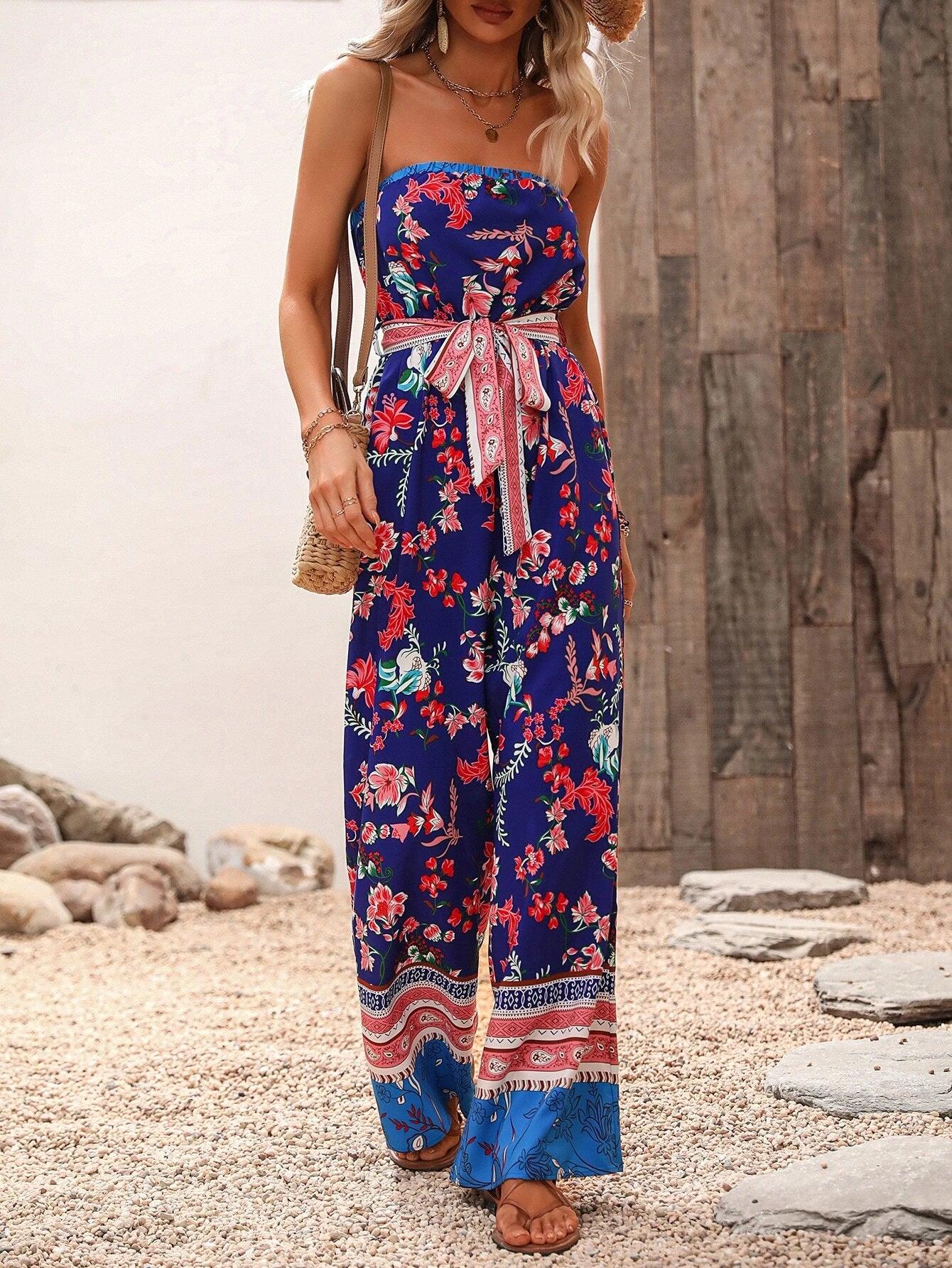 Floral Pattern Belted Tube Jumpsuit-Comfy Jumpsuits