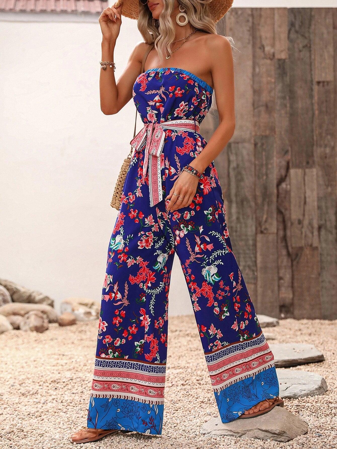 Floral Pattern Belted Tube Jumpsuit-Comfy Jumpsuits