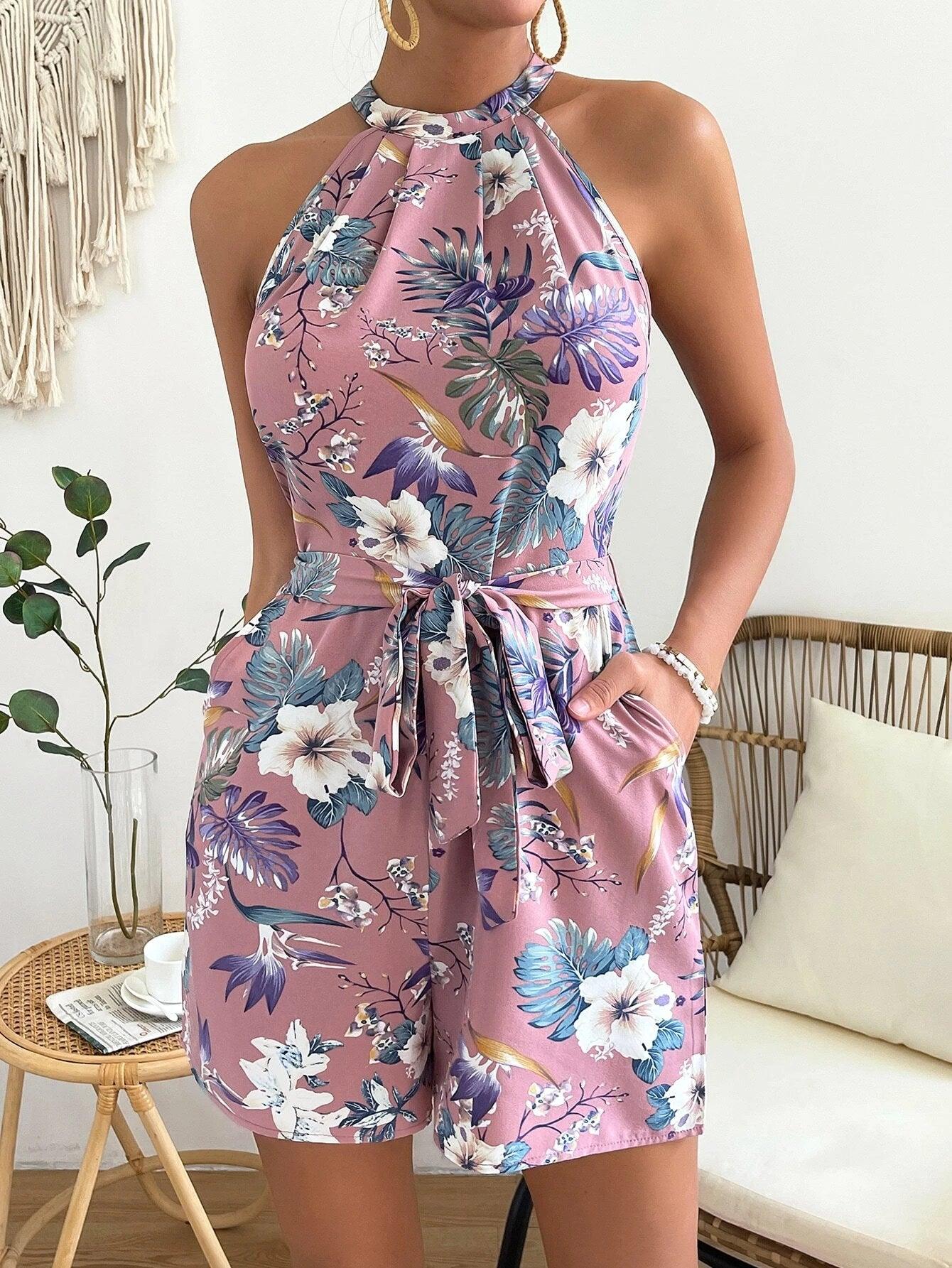 Print Slant Pocket Belted Halter Romper-Comfy Jumpsuits