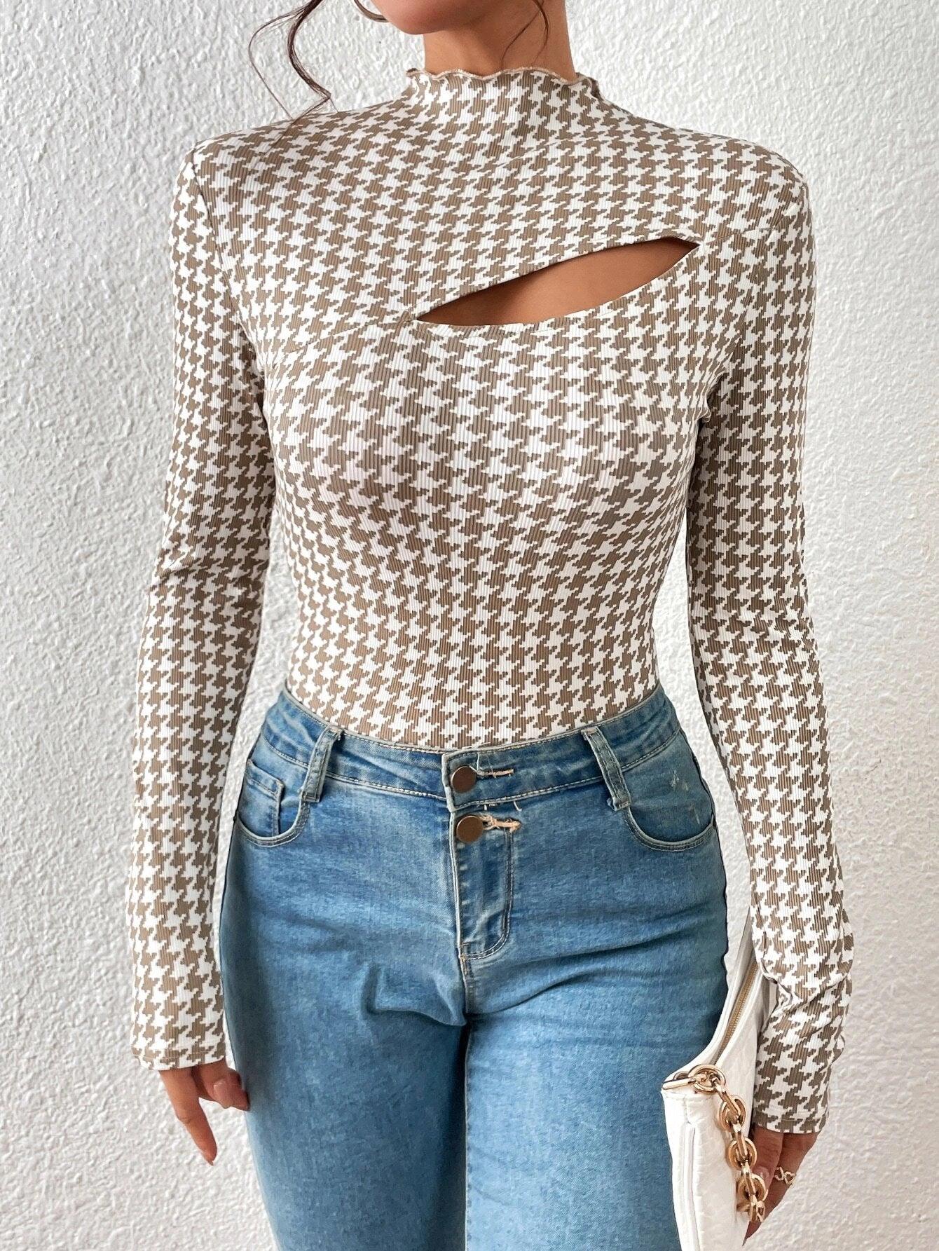 Houndstooth Print Front Mock Neck Bodysuit-Comfy Jumpsuits