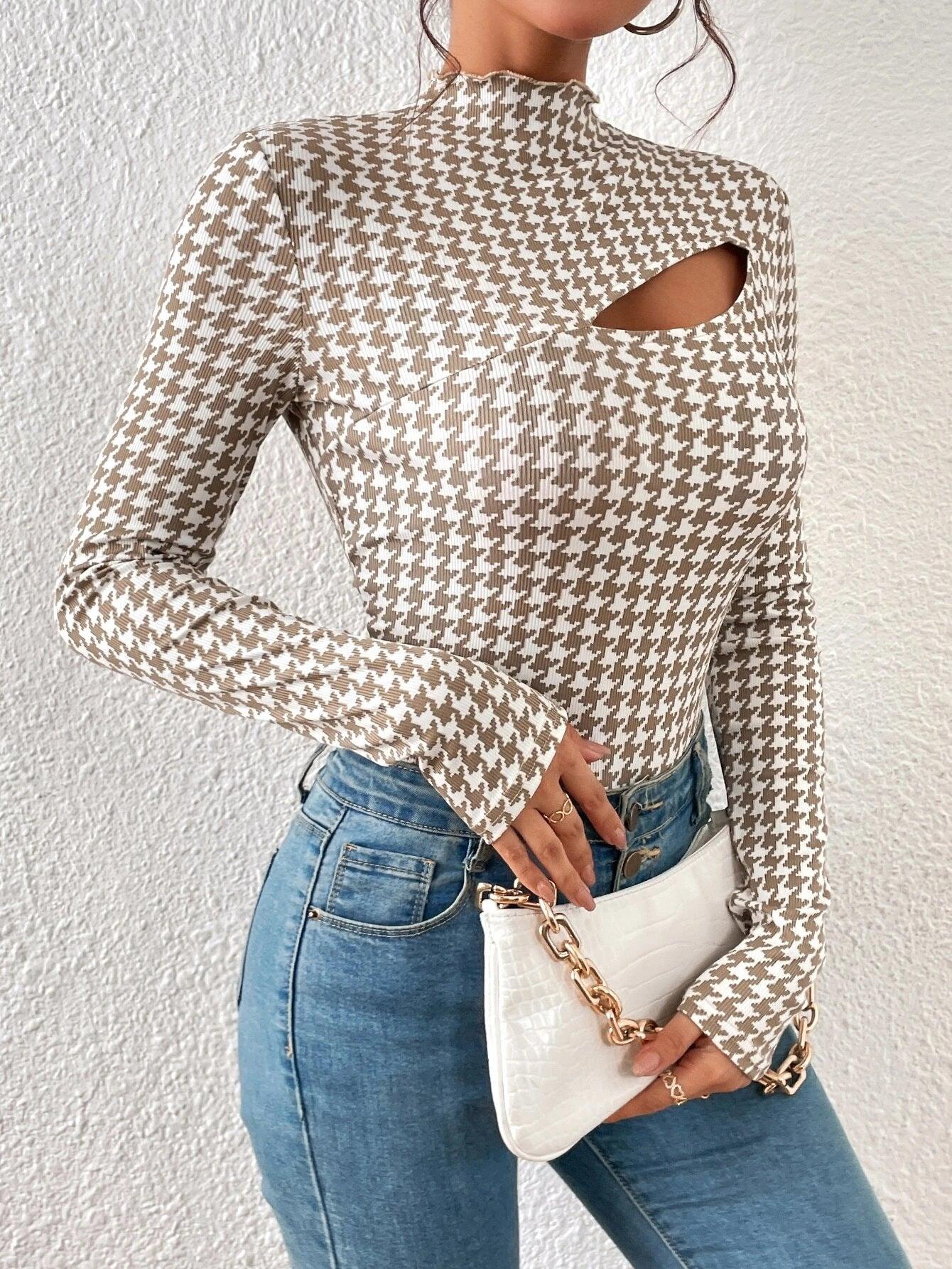Houndstooth Print Front Mock Neck Bodysuit-Comfy Jumpsuits